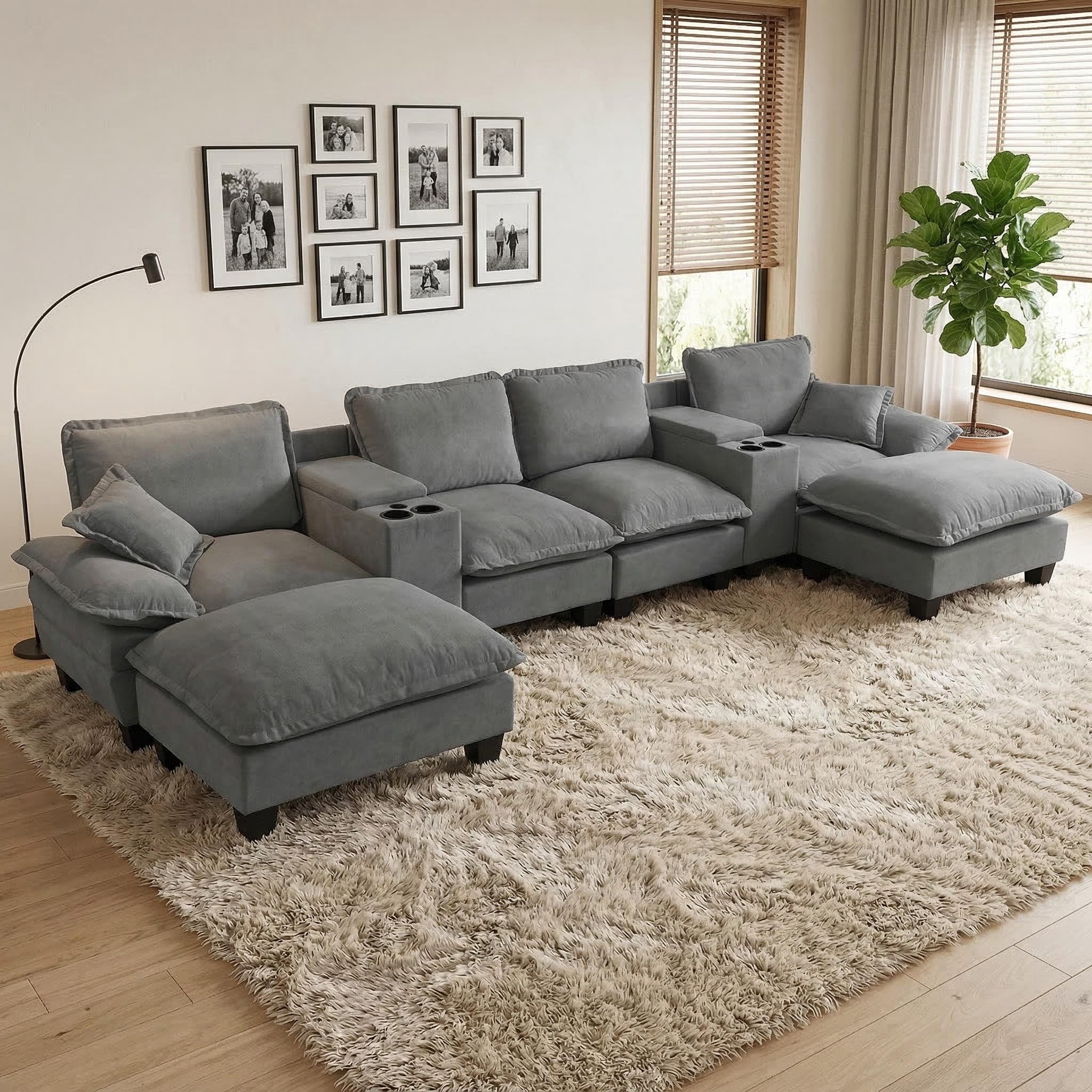 Gdfstudio Maeve 154 U Shape Sailboat Sofa With 2 Storage Consoles Cup Holders Usb 2 Ottomans 2 Pillows