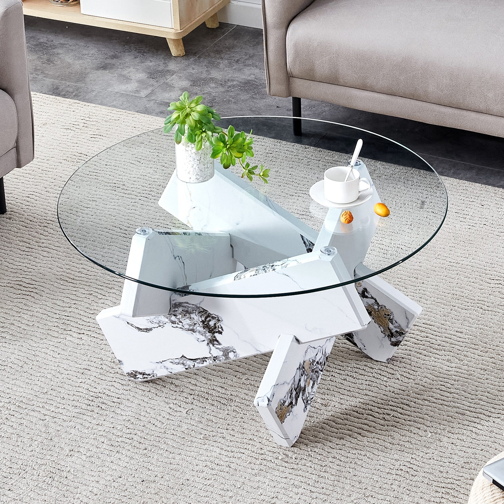 Gdfstudio Marcellus Tempered Glass Coffee Table With Textured Legs