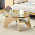 Gdfstudio Marcellus Tempered Glass Coffee Table With Wood Legs And Fan Shaped Pedestal Design