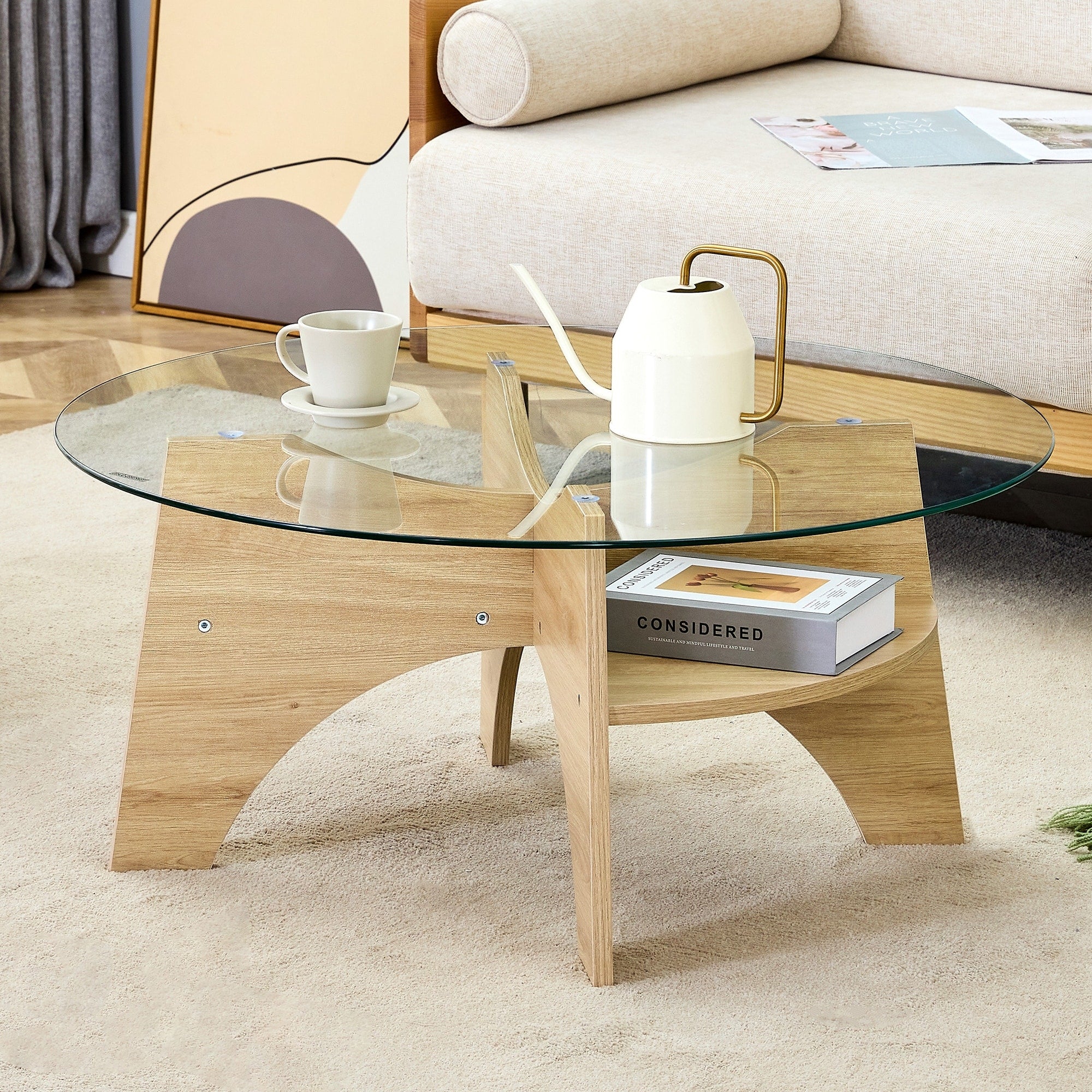 Gdfstudio Marcellus Tempered Glass Coffee Table With Wood Legs And Fan Shaped Pedestal Design