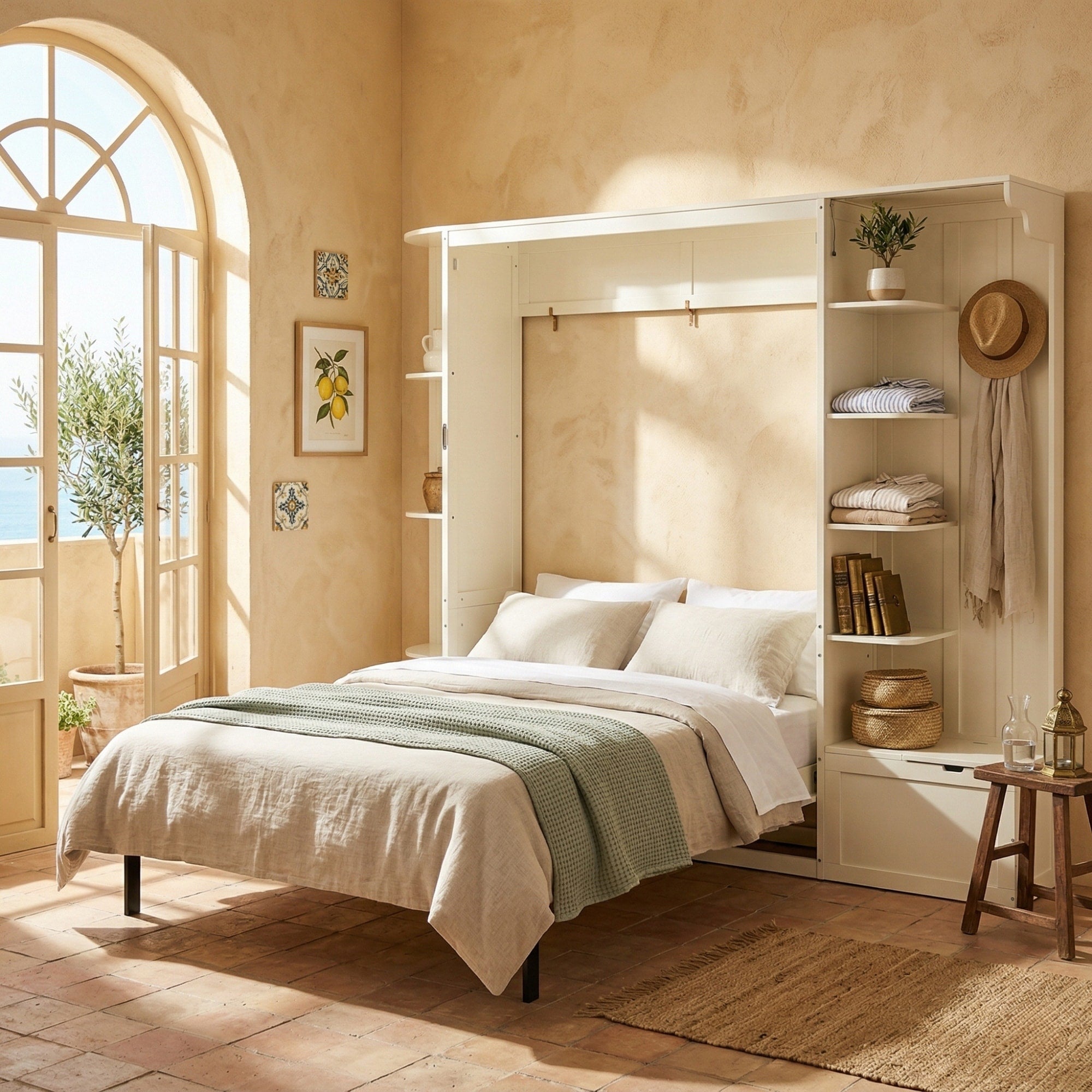 Gdfstudio Marlo Queen Murphy Bed With Oak Veneer Built In Shelves Led Lights Space Saving Wall Bed