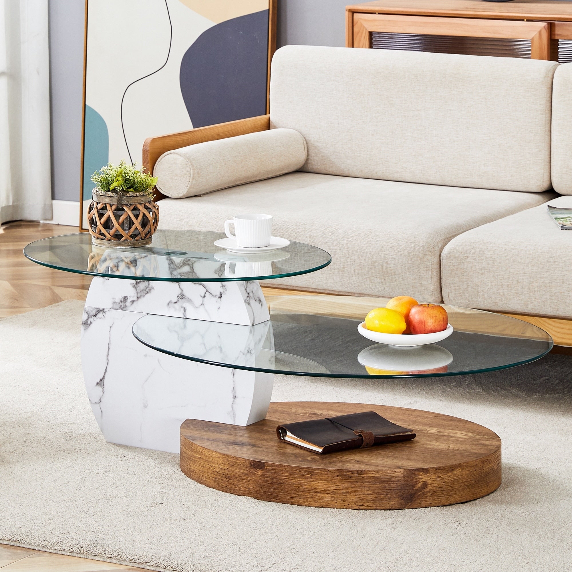 Gdfstudio Marlowe Tempered Glass Coffee Table With Marble And Wood Texture Dual Base