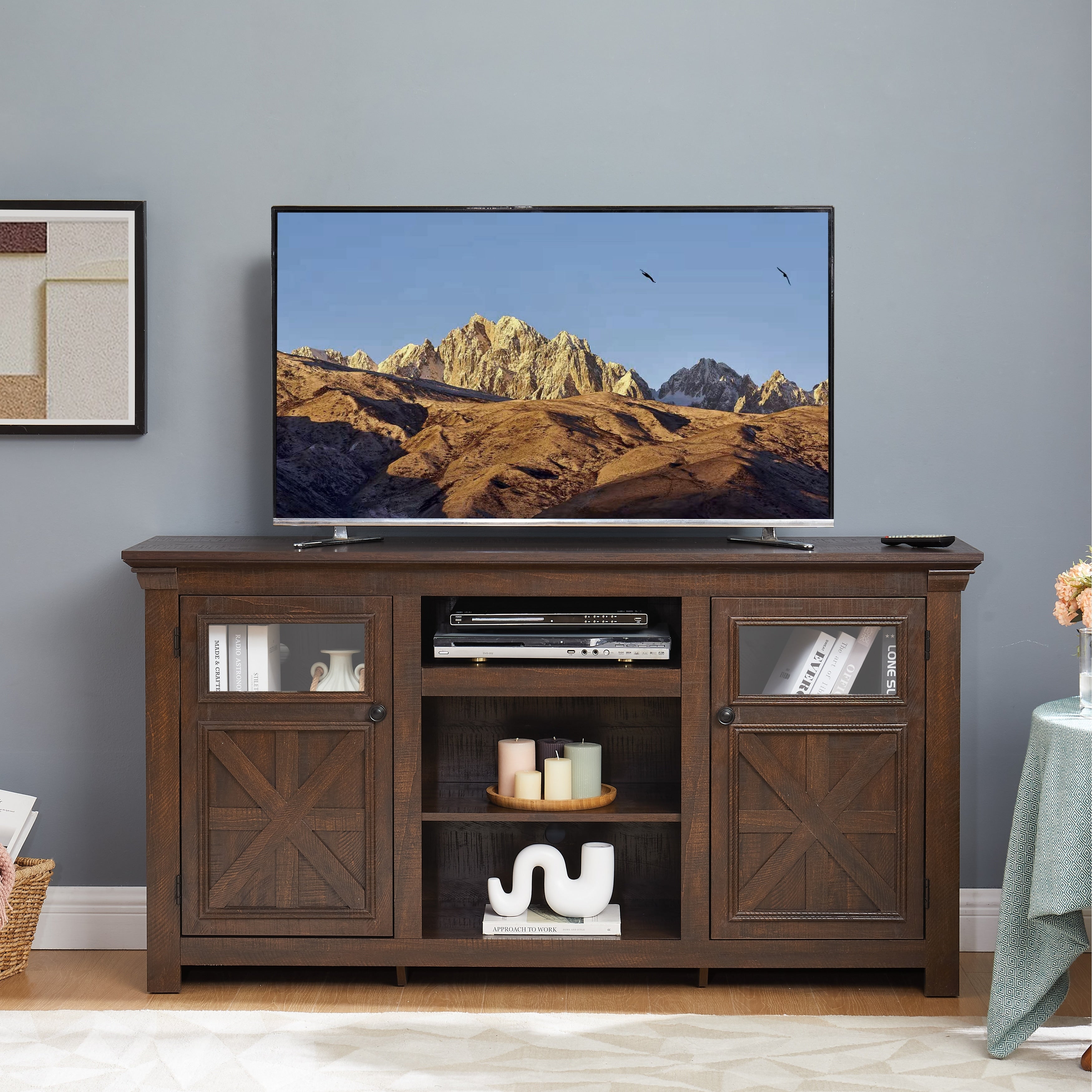 Gdfstudio Merrow Wood Tv Stand With Farmhouse Storage And Cable Ready Design