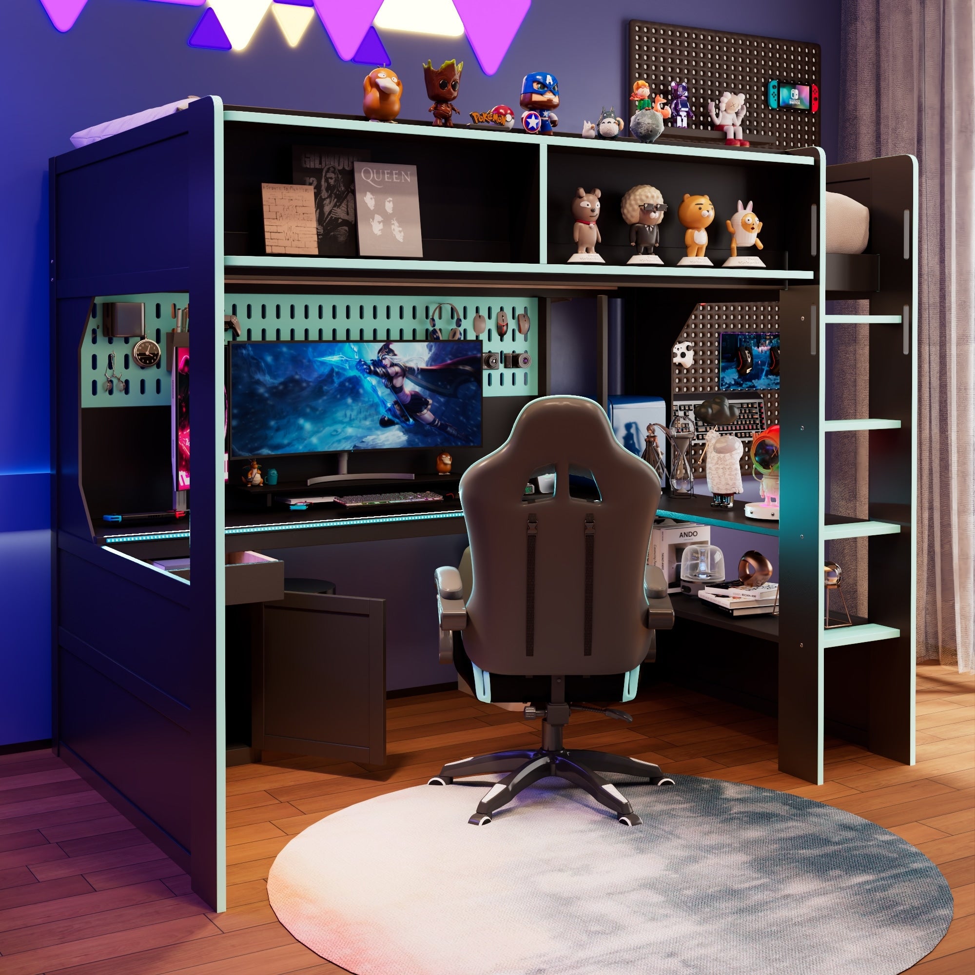 Gdfstudio Nox Gaming Loft Bed With Integrated Desk Pegboard Led Lights Usb Charging Hub
