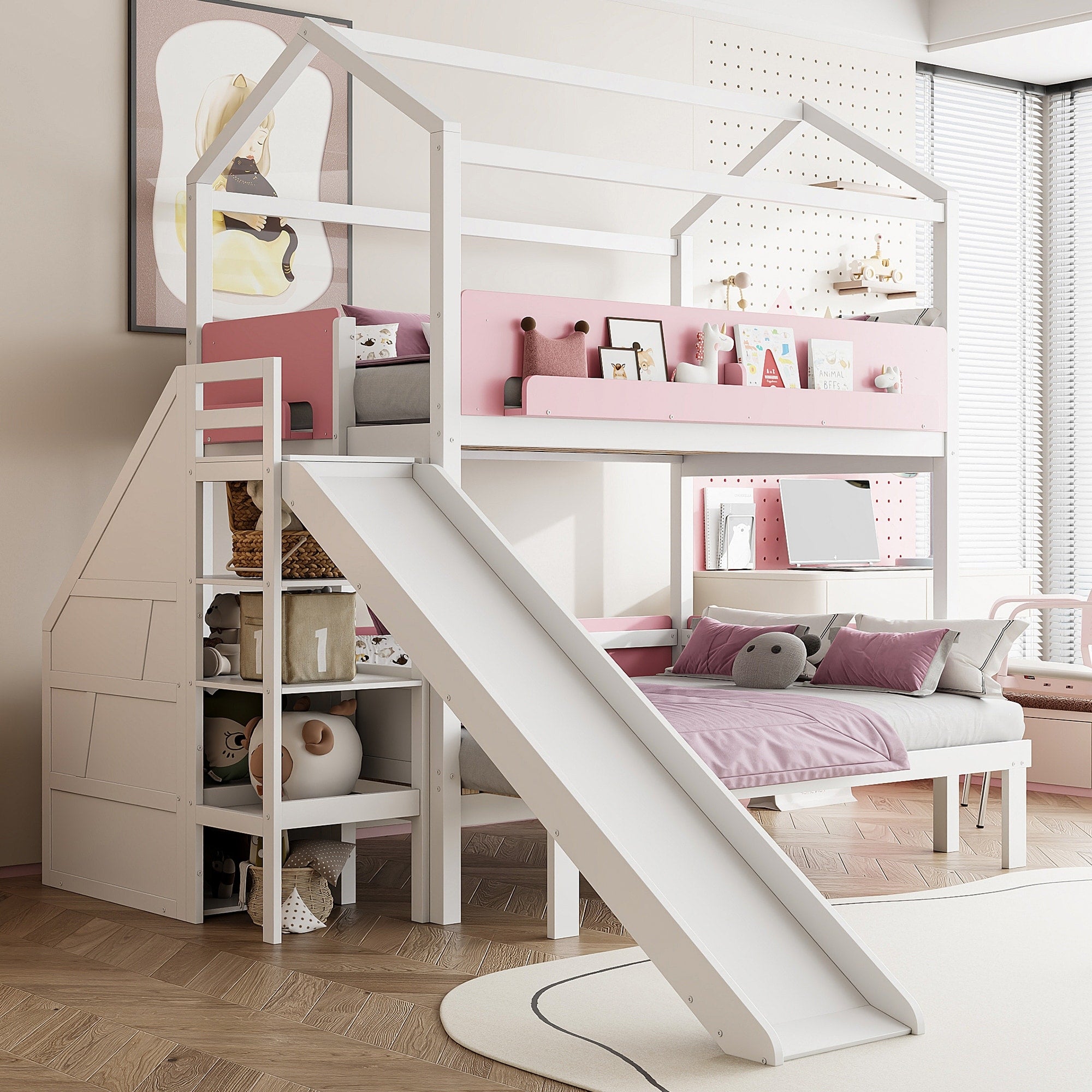Gdfstudio Orion Wren House Shaped Wooden Bunk Bed With Slide Storage Staircase Twin Over Twin Full