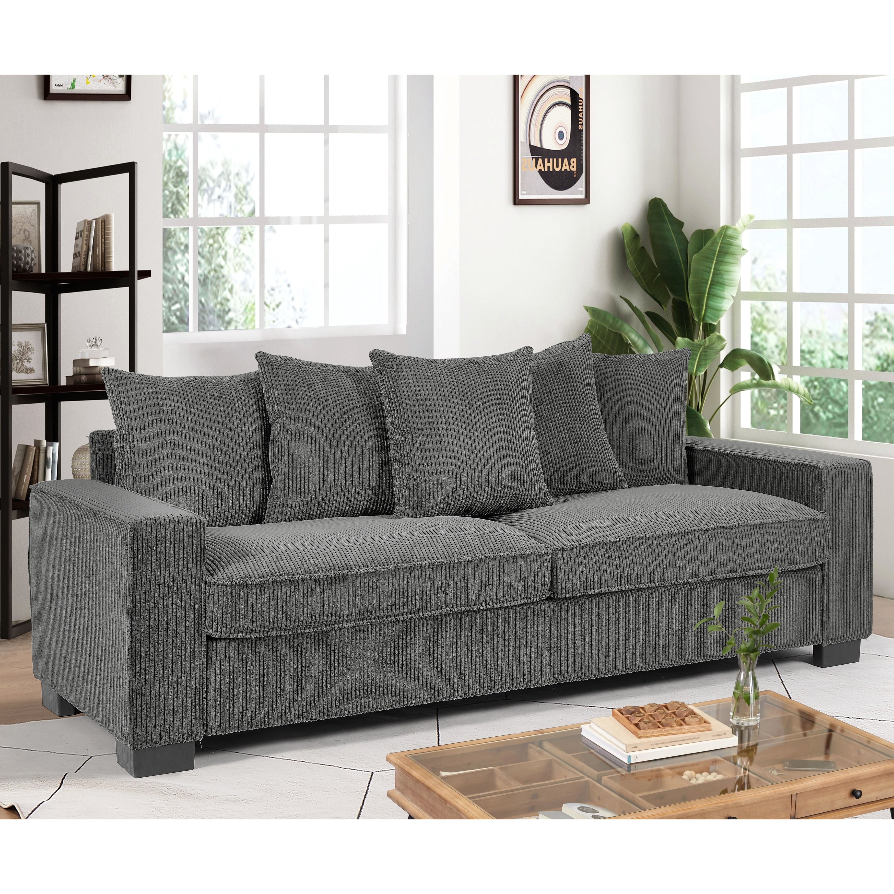 Gdfstudio Peregrine Vance Corduroy 3 Seater Sofa With 5 Matching Toss Pillows Modern Design Deep Seat Sofa