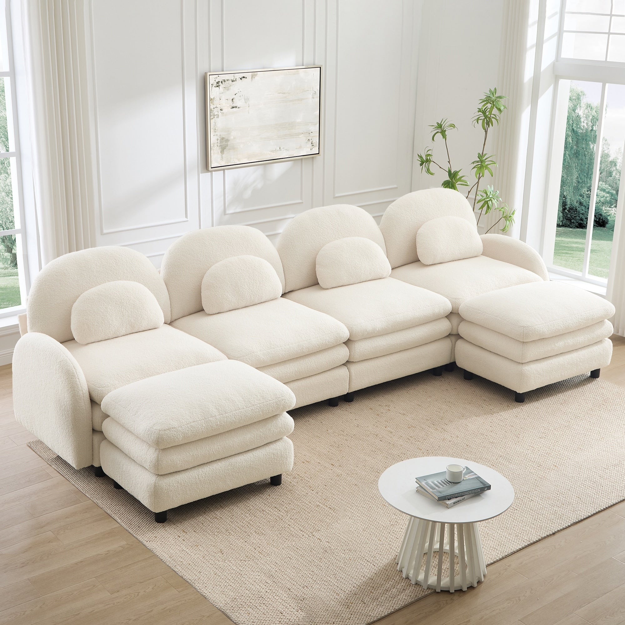Gdfstudio Pierce Teddy Fabric 4 Seat Modular Couch With 2 Ottomans And Double Layer Cushions