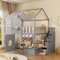 Gdfstudio Pippa Full Over Full House Bunk Bed With Storage Staircase Open Shelves Playhouse Roof Door