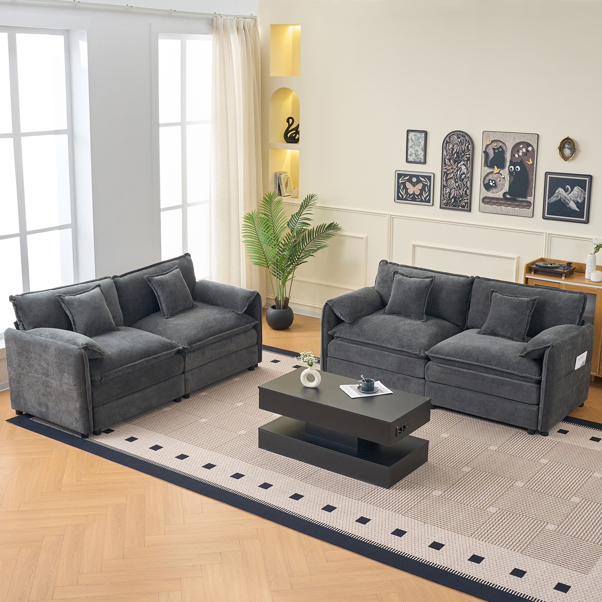 Gdfstudio Quinn 2 Piece Oversized Deep Seat Loveseat Set Chenille Cloud Sofa With 4 Pillows