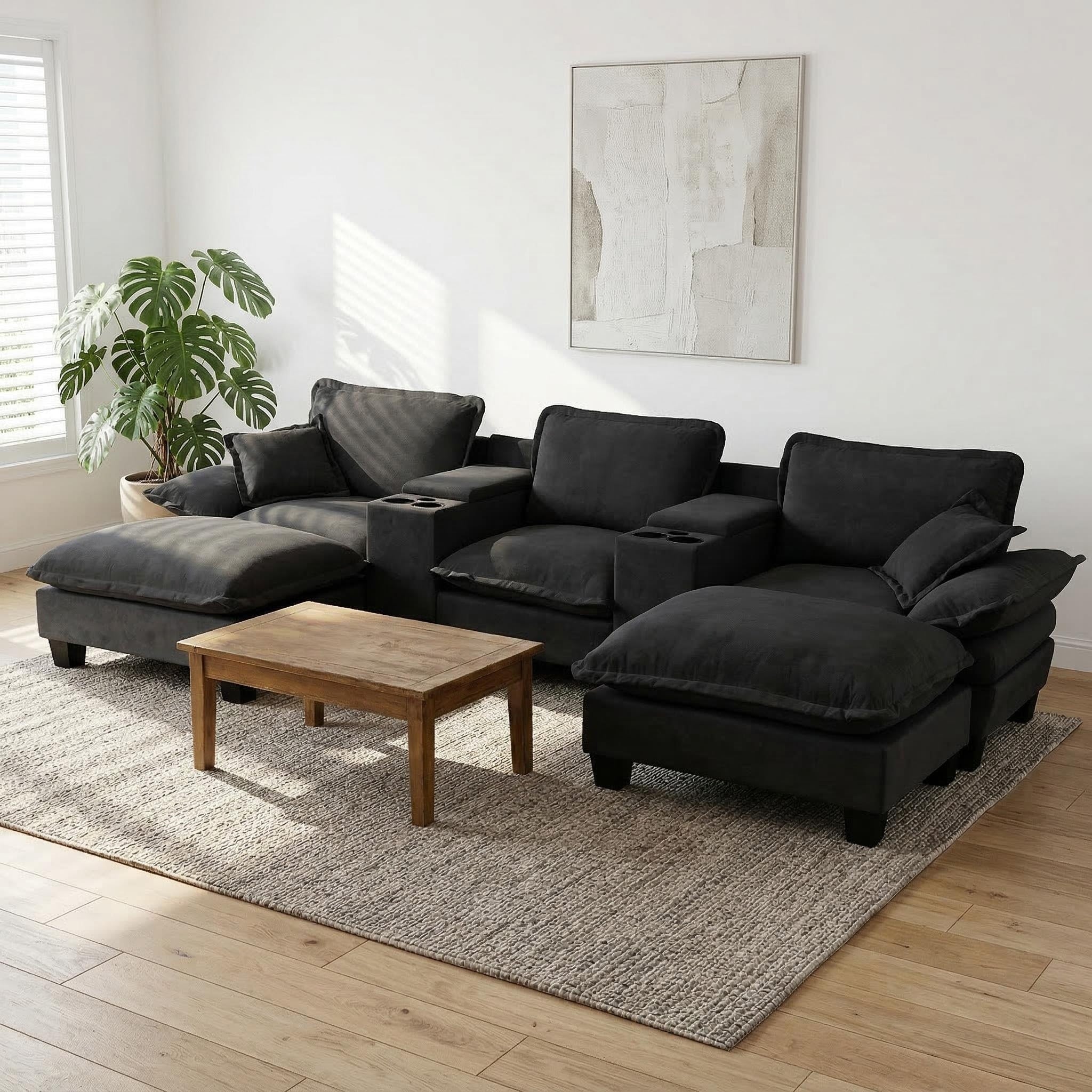 Gdfstudio Reed 127 U Shape Sailboat Chenille Sofa With Cup Holders Storage Usb 2 Ottomans 2 Pillows