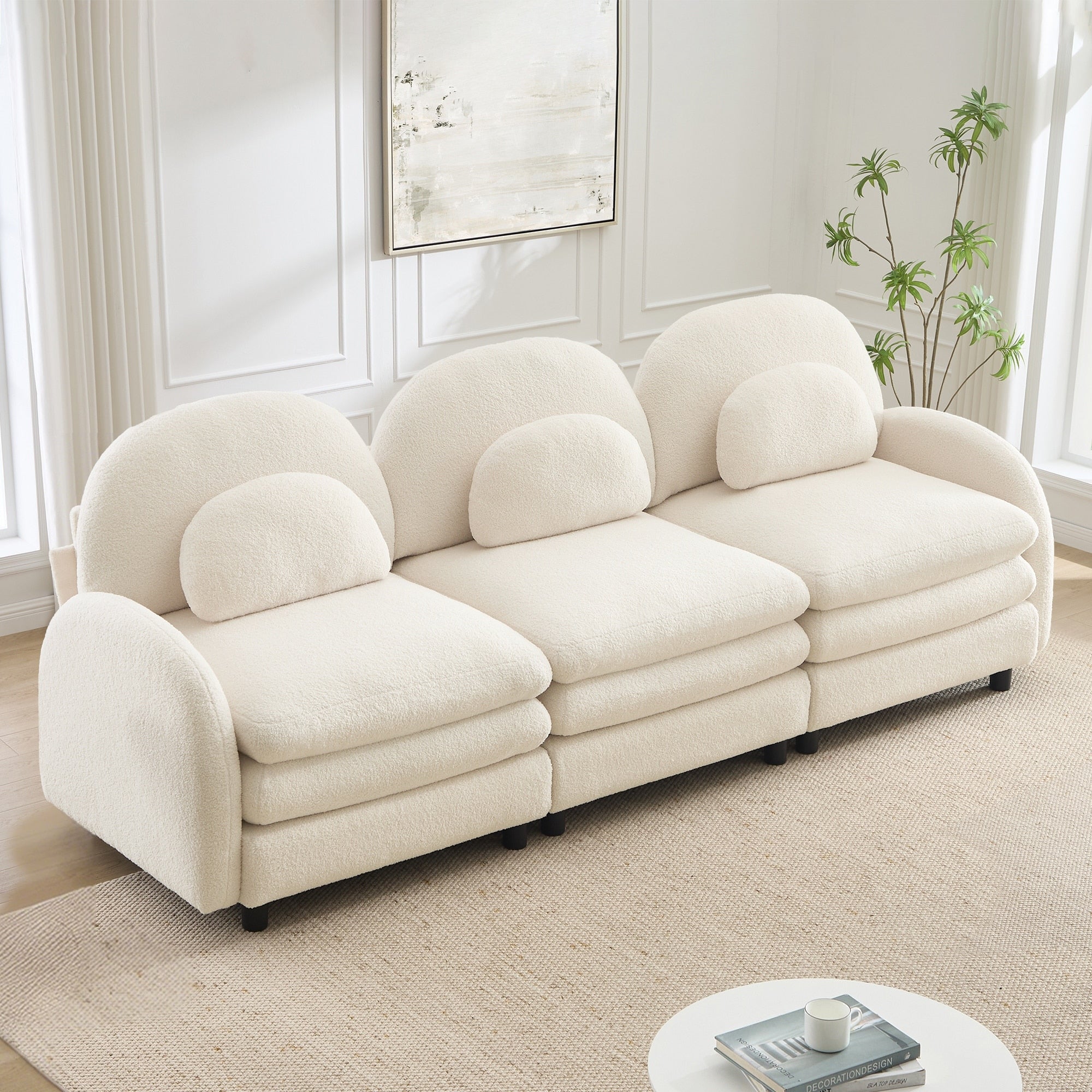 Gdfstudio Reed Teddy Fabric 3 Seat Modular Sofa With Double Layer Cushions And Curved Lumbar Support