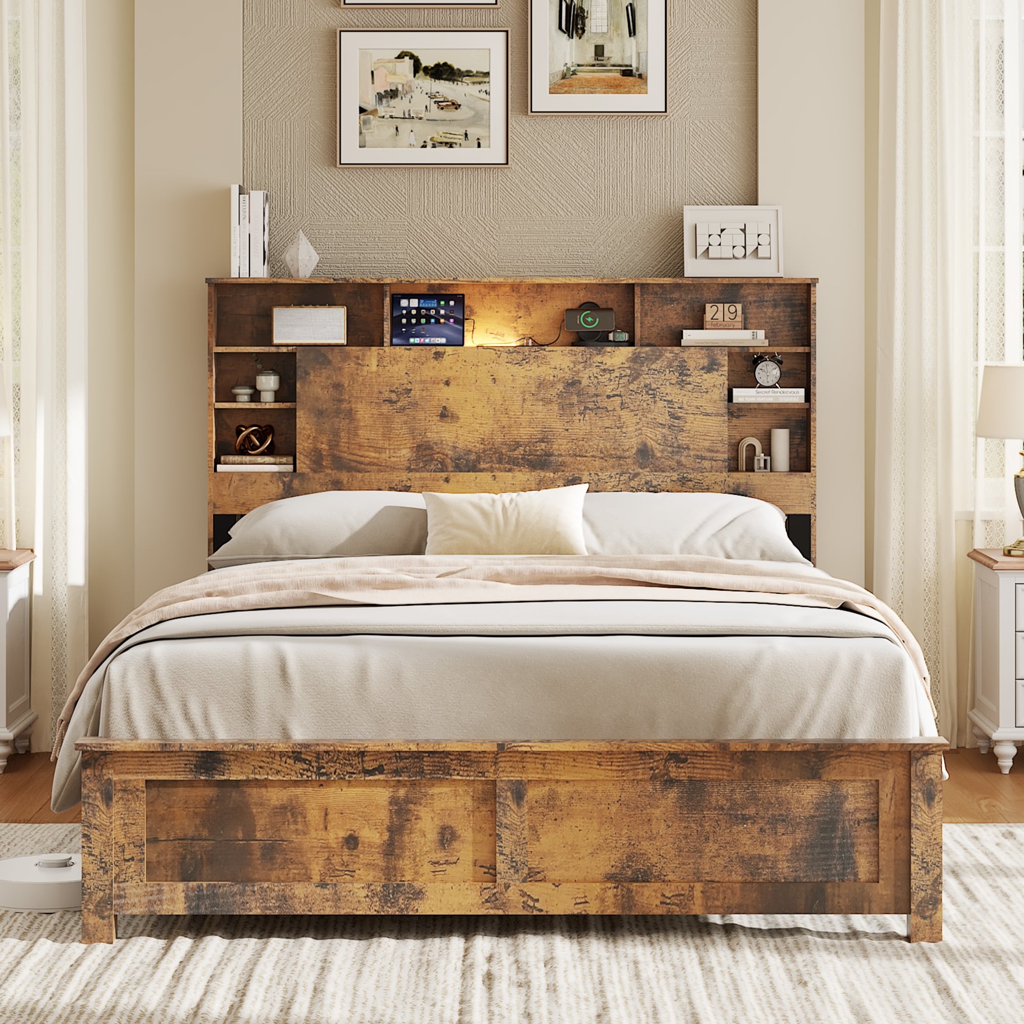 Gdfstudio Remy Bed Frame With Storage Headboard Charging Station Led Lights And Bookcase