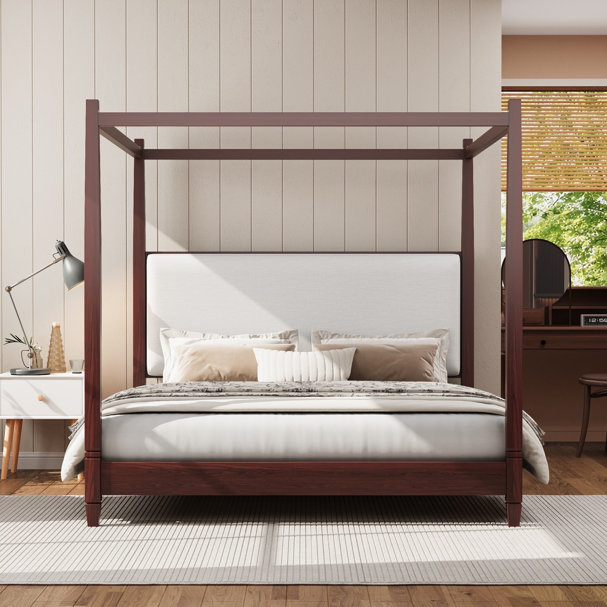Gdfstudio Rhys Ellington Canopy Solid Wood Platform Bed With Upholstered Headboard