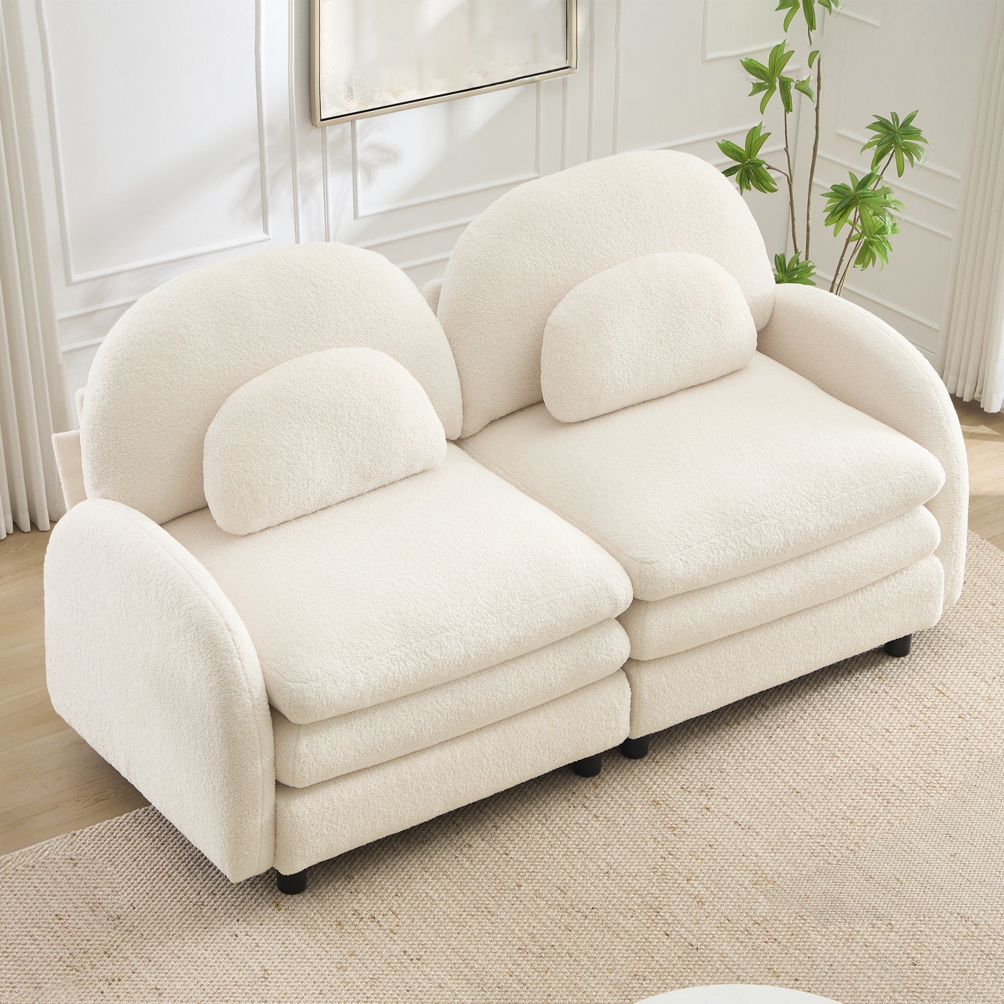 Gdfstudio Rory Teddy Fabric Loveseat Modular Sofa With Double Layer Cushions And Curved Lumbar Support