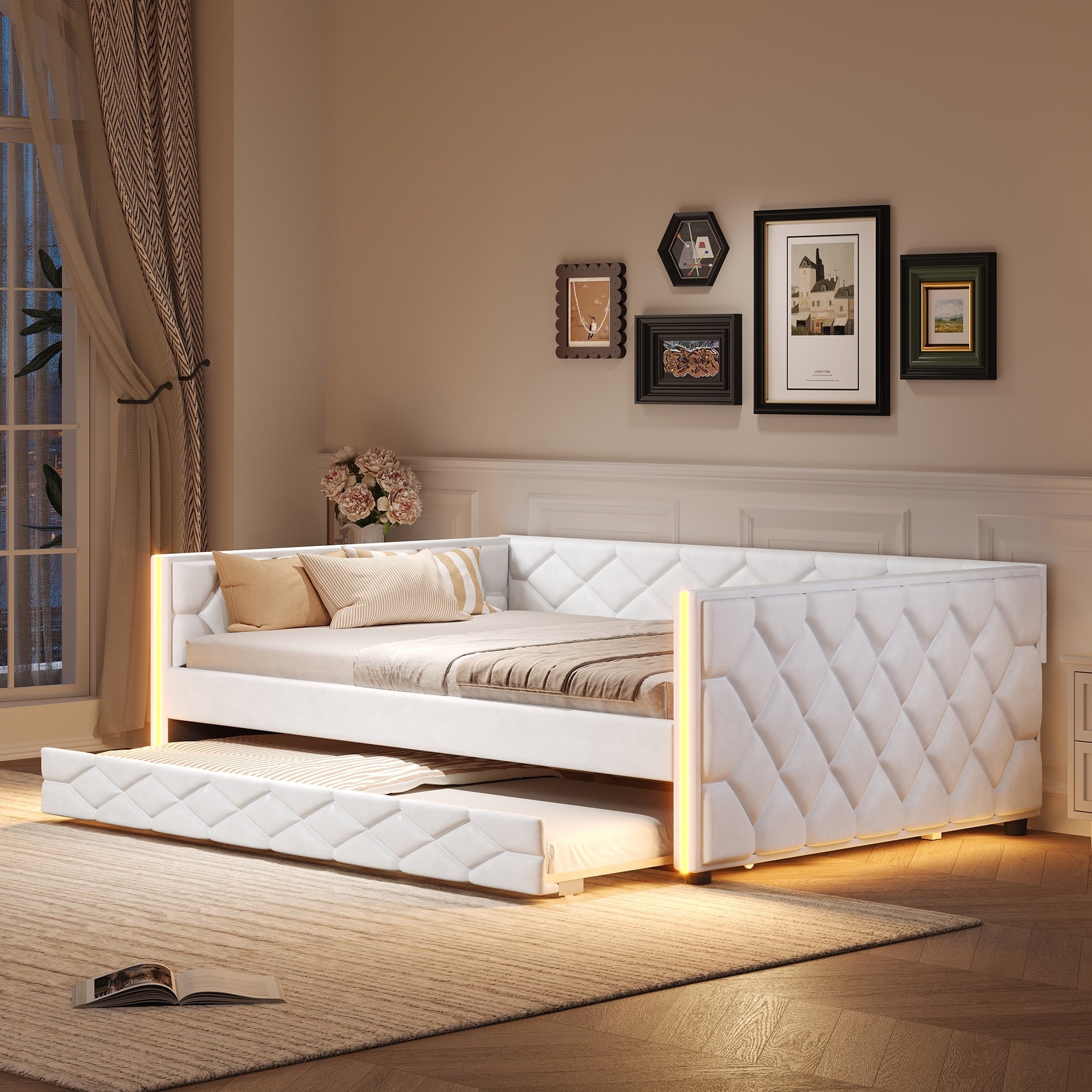 Gdfstudio Saffron Wells Upholstered Daybed Solid Wood Frame With Trundle And Led