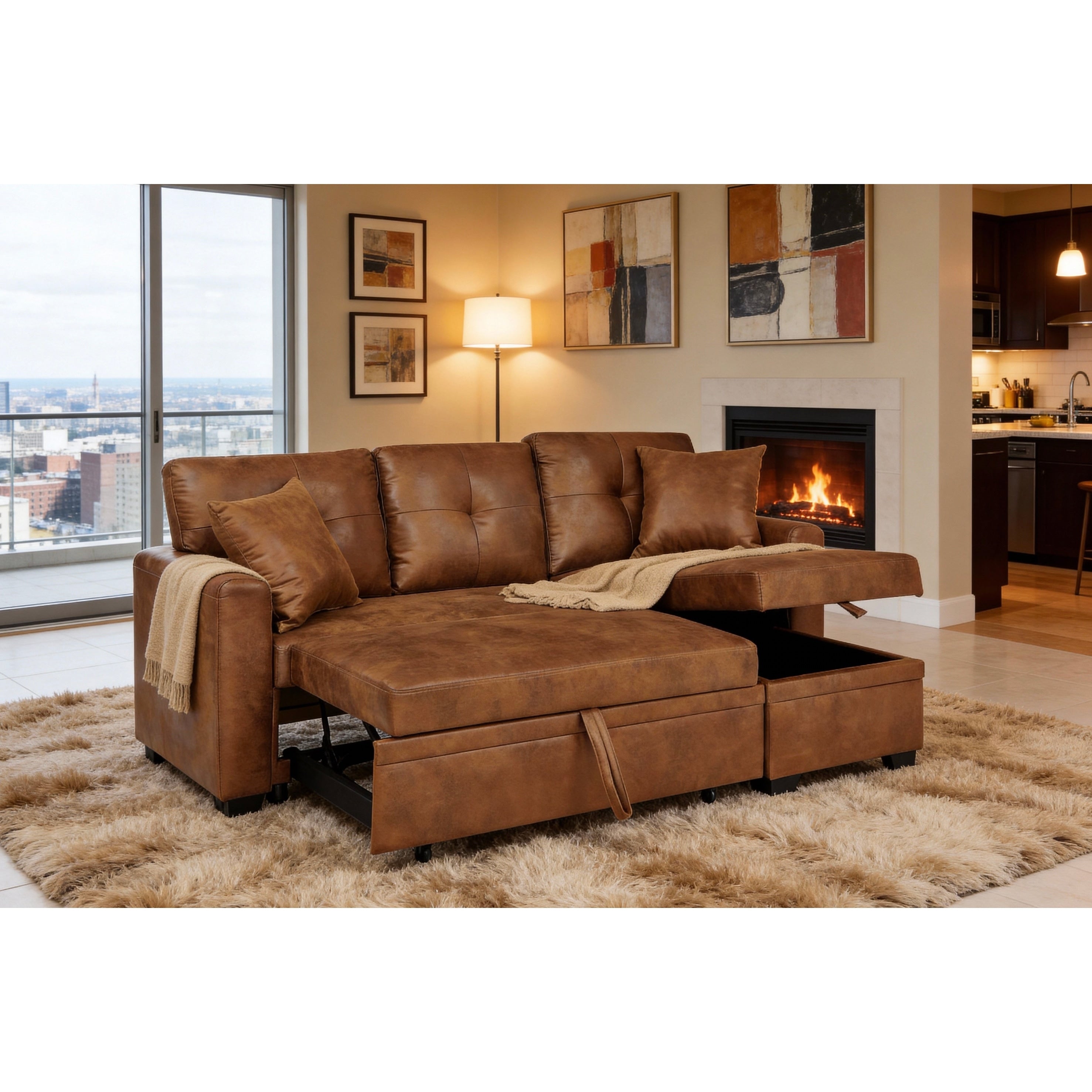 Gdfstudio Seraphina Wren Sleeper Sectional With Pull Out Bed Reversible Chaise And Storage