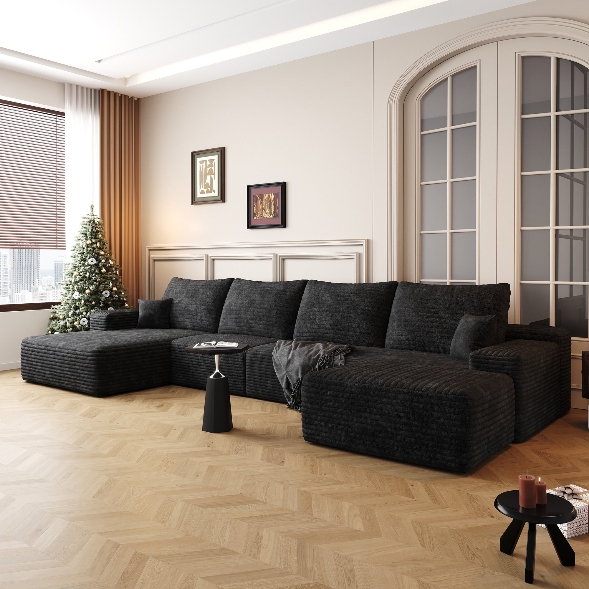 Gdfstudio Sky 135 U Shaped Cloud Sectional Sofa With Ottoman No Assembly Plush Corduroy Deep Seat