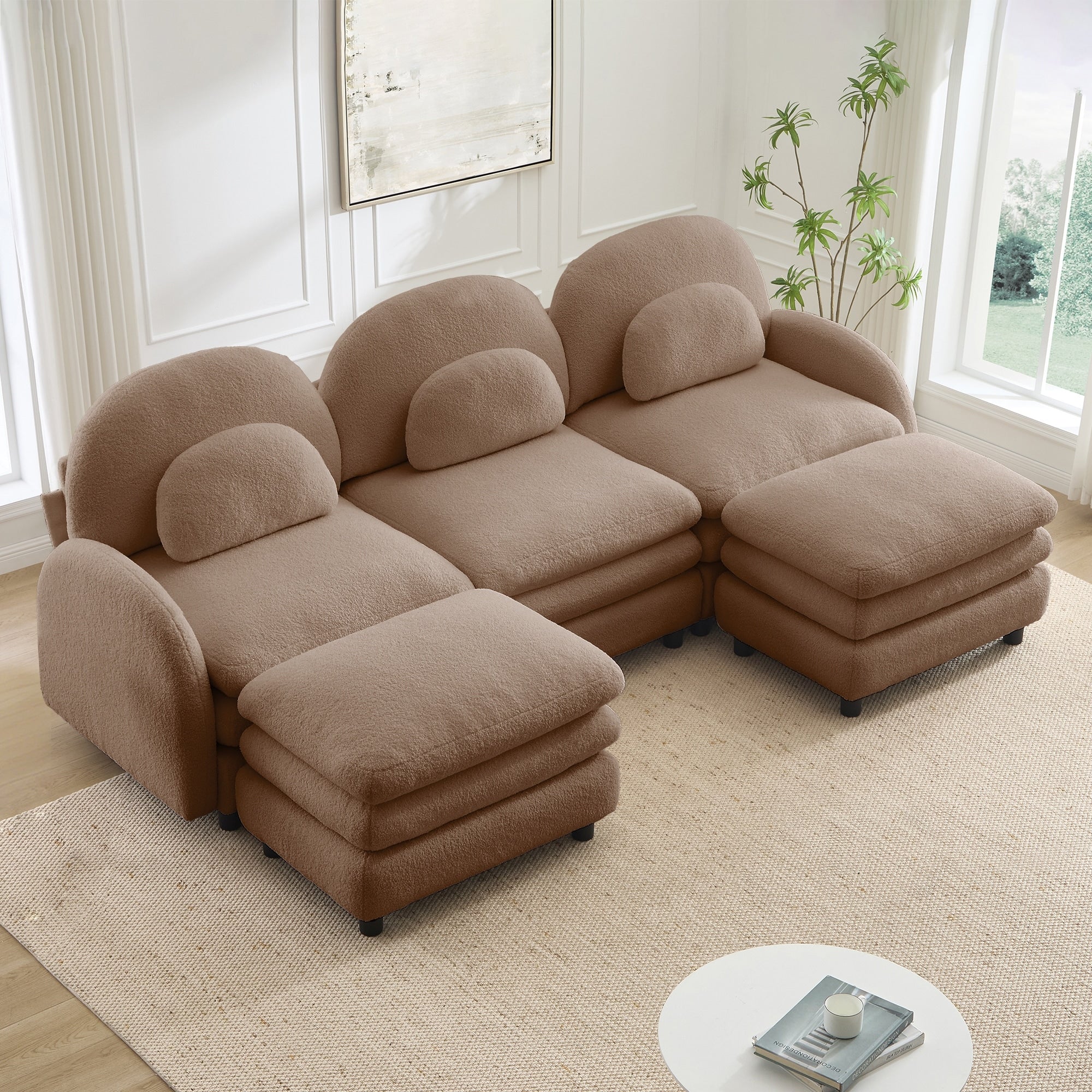Gdfstudio Sloane Teddy Fabric 3 Seat Modular Couch With Double Layer Cushions And Curved Lumbar Pillows