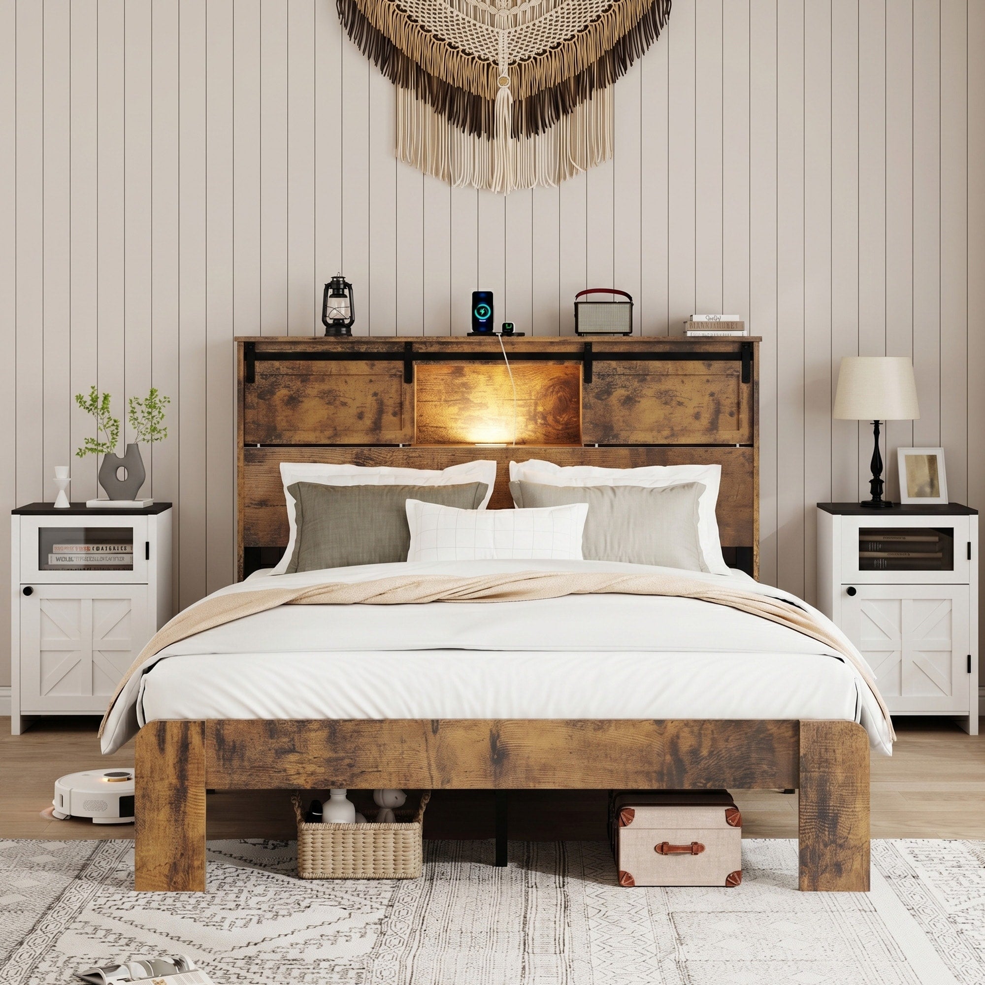 Gdfstudio Sloane Queen Size Metal Bed Frame With Charging Station No Box Spring Easy Assembly