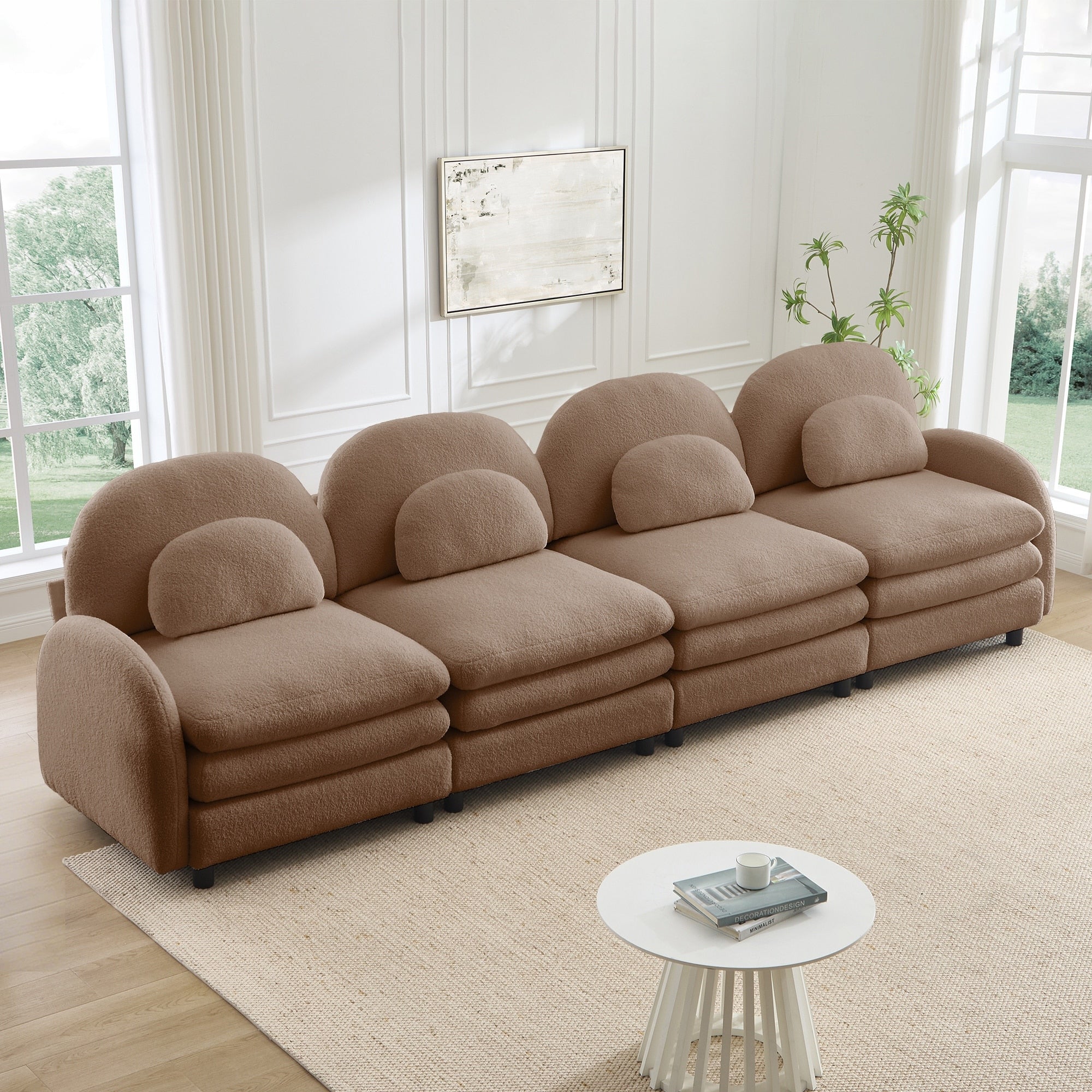 Gdfstudio Sterling Teddy Fabric 4 Seat Modular Sofa With Double Layer Cushions And Curved Lumbar Support