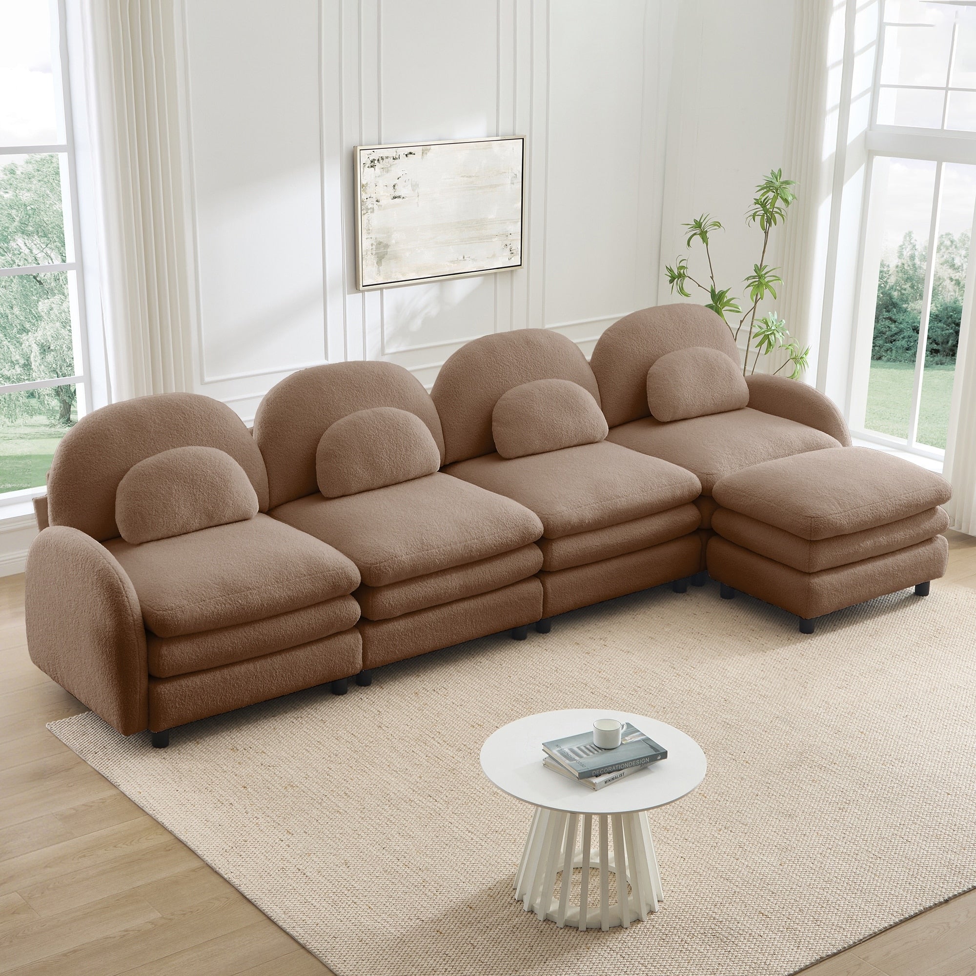 Gdfstudio Tatum Teddy Fabric 4 Seat Sectional Sofa With Movable Ottoman And Double Layer Cushions