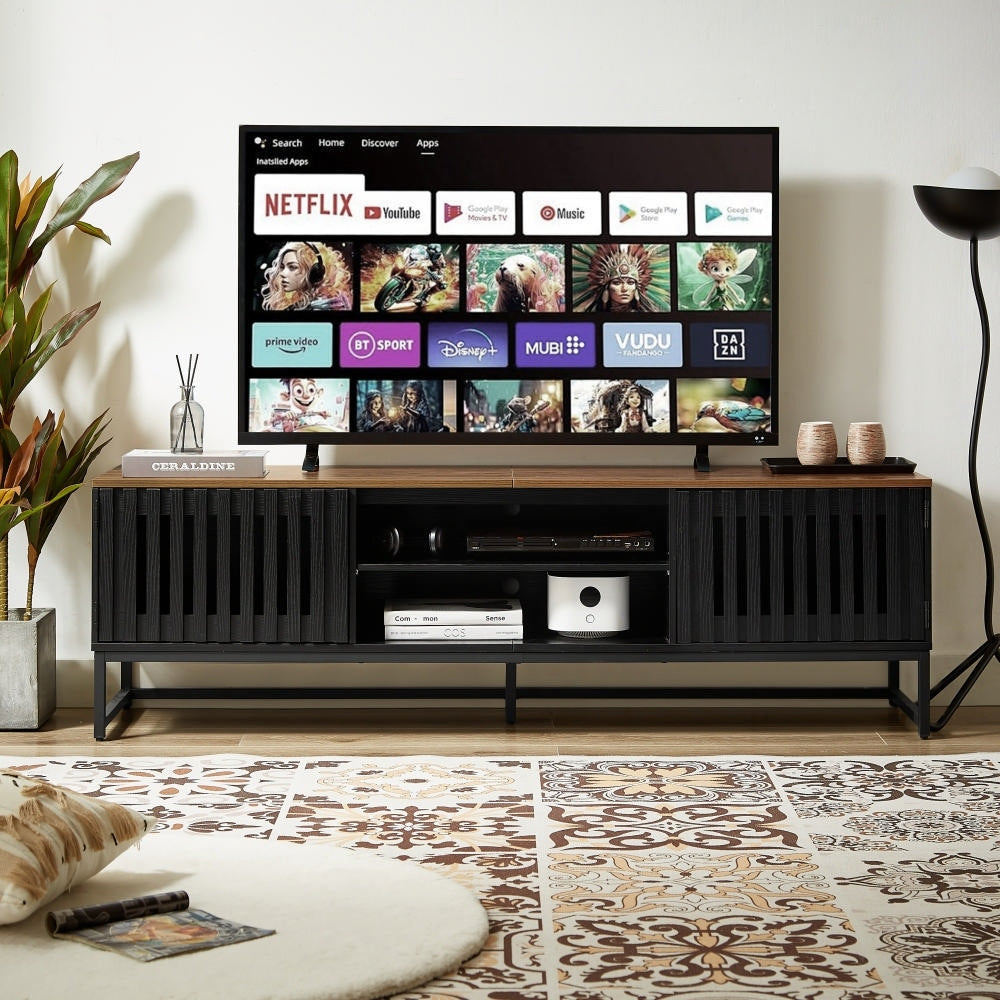 Gdfstudio Tharivol 63 Wood Media Tv Stand With Slatted Grille Striped Doors