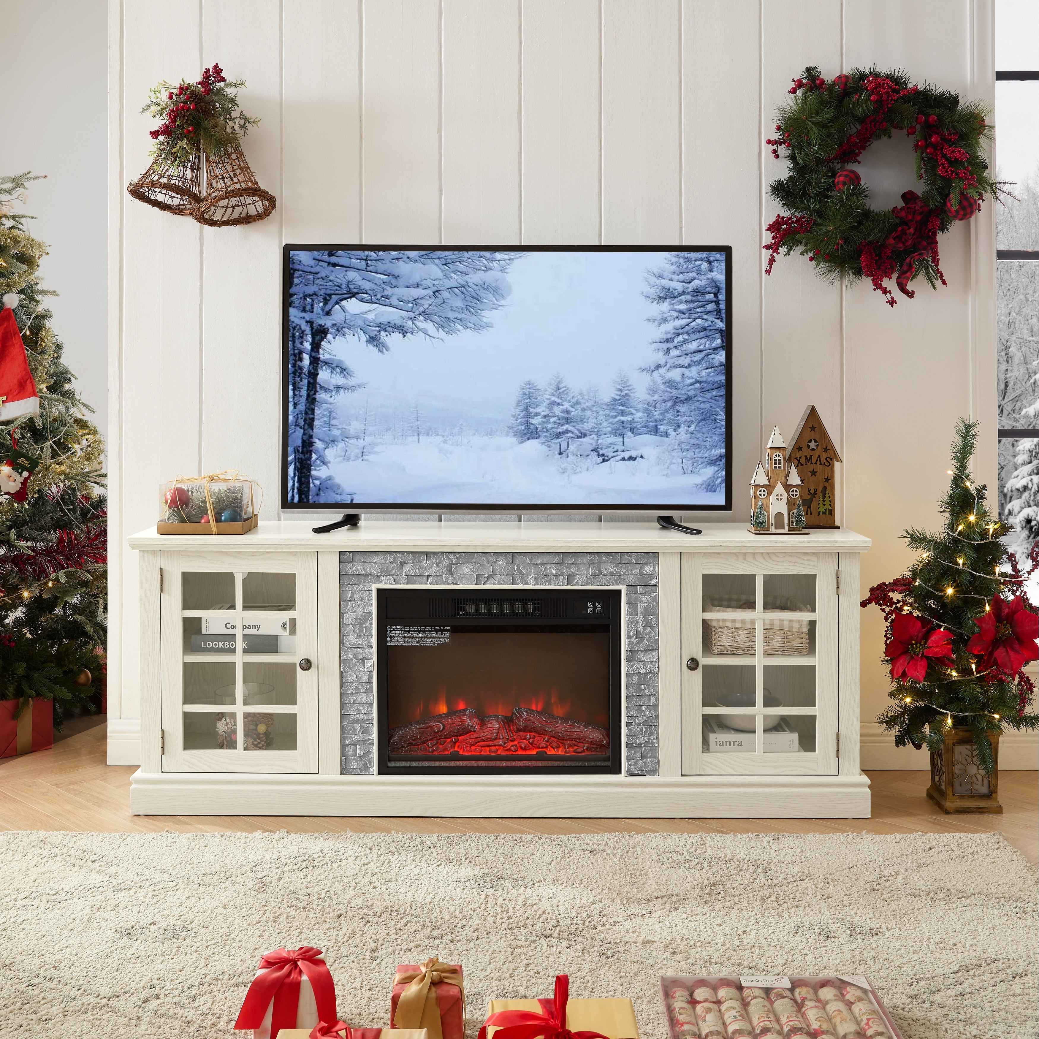 Gdfstudio Thatch Wood 70 Tv Stand With Faux Stacked Stone Fireplace And 2 Door Storage