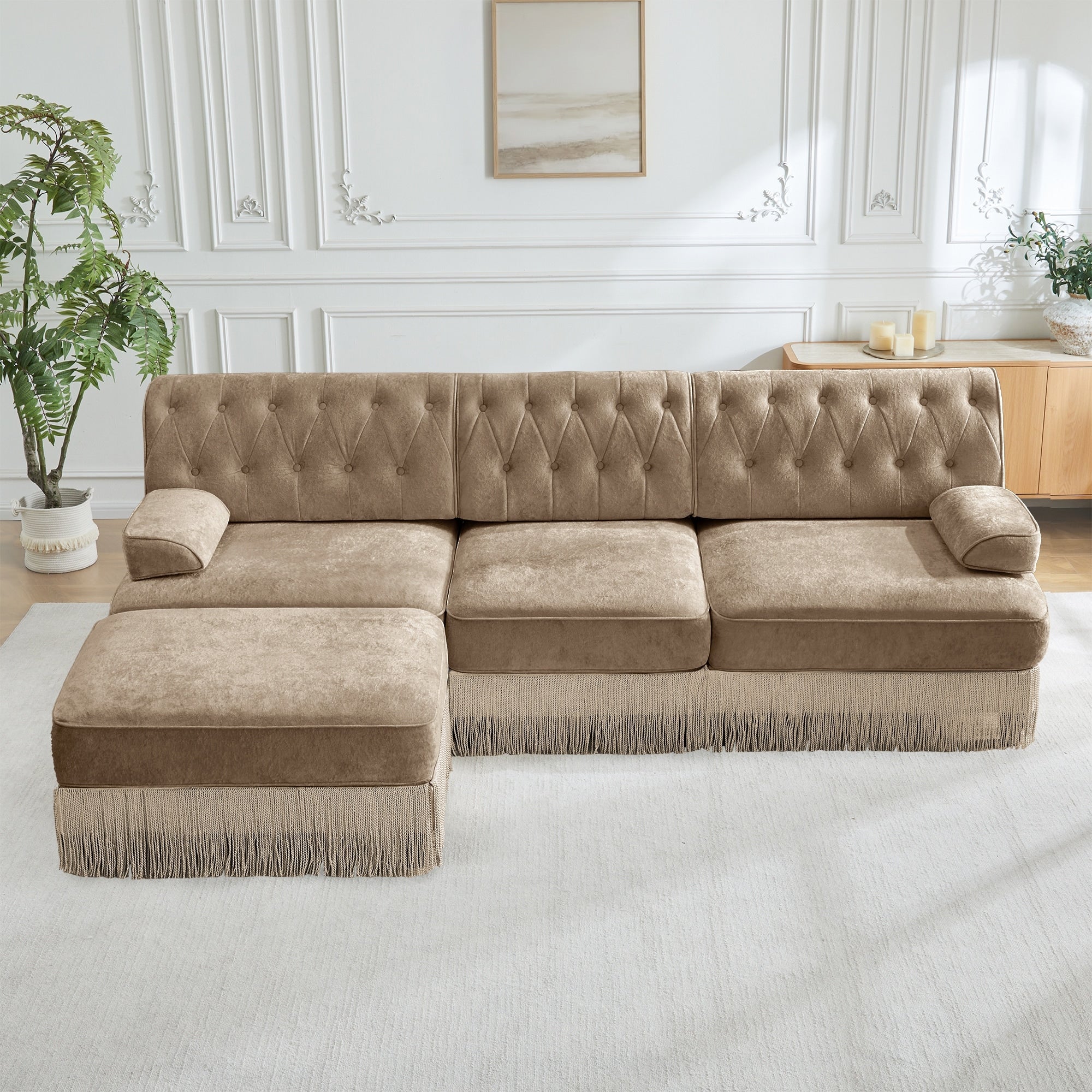 Gdfstudio Thea 3 Seater High Quality Velvet Cloud Modular Sectional Sofa With Tassel Skirt And Button Tufting