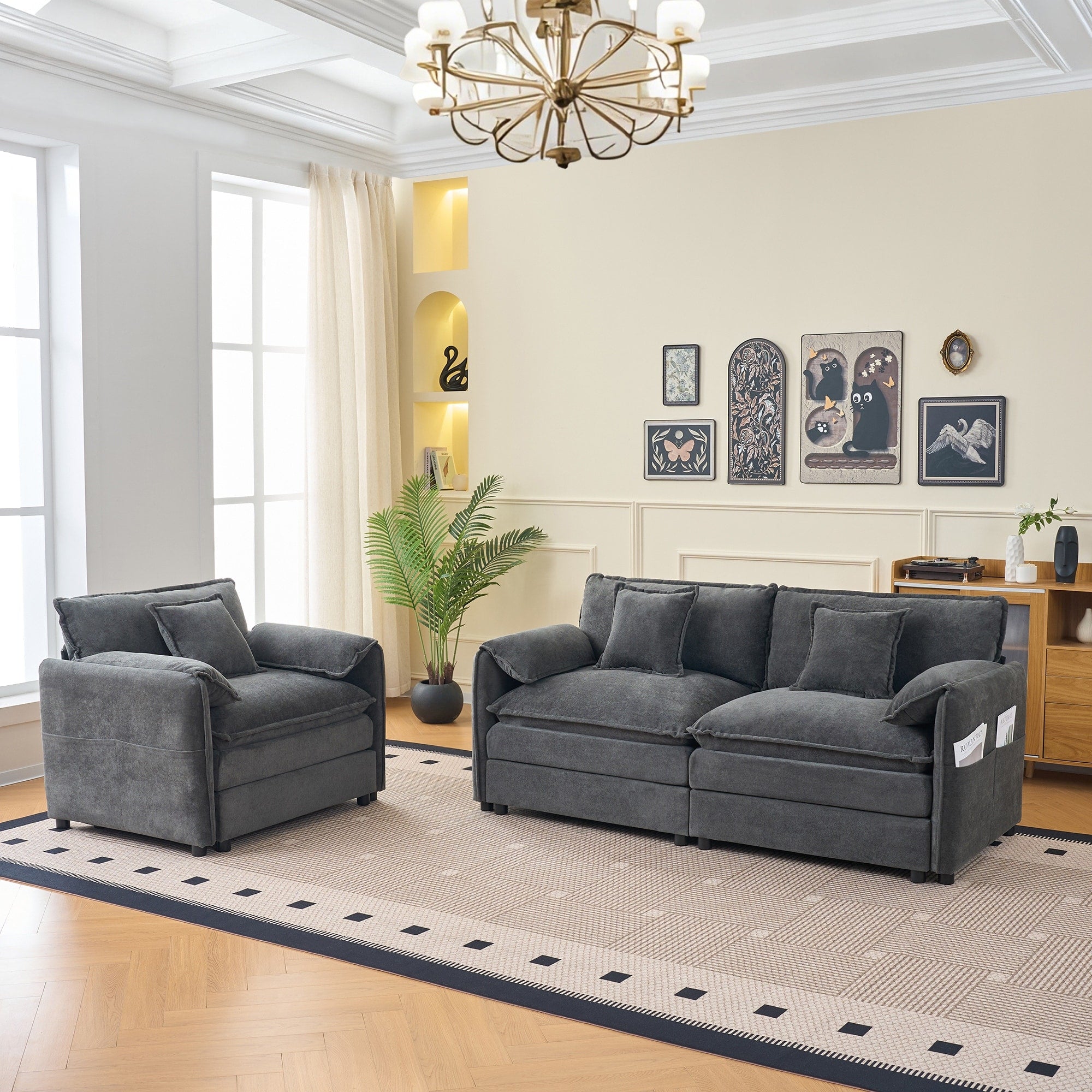 Gdfstudio Thea 75 Deep Seat Loveseat Armchair Set Chenille Cloud Couch Set With 3 Pillows