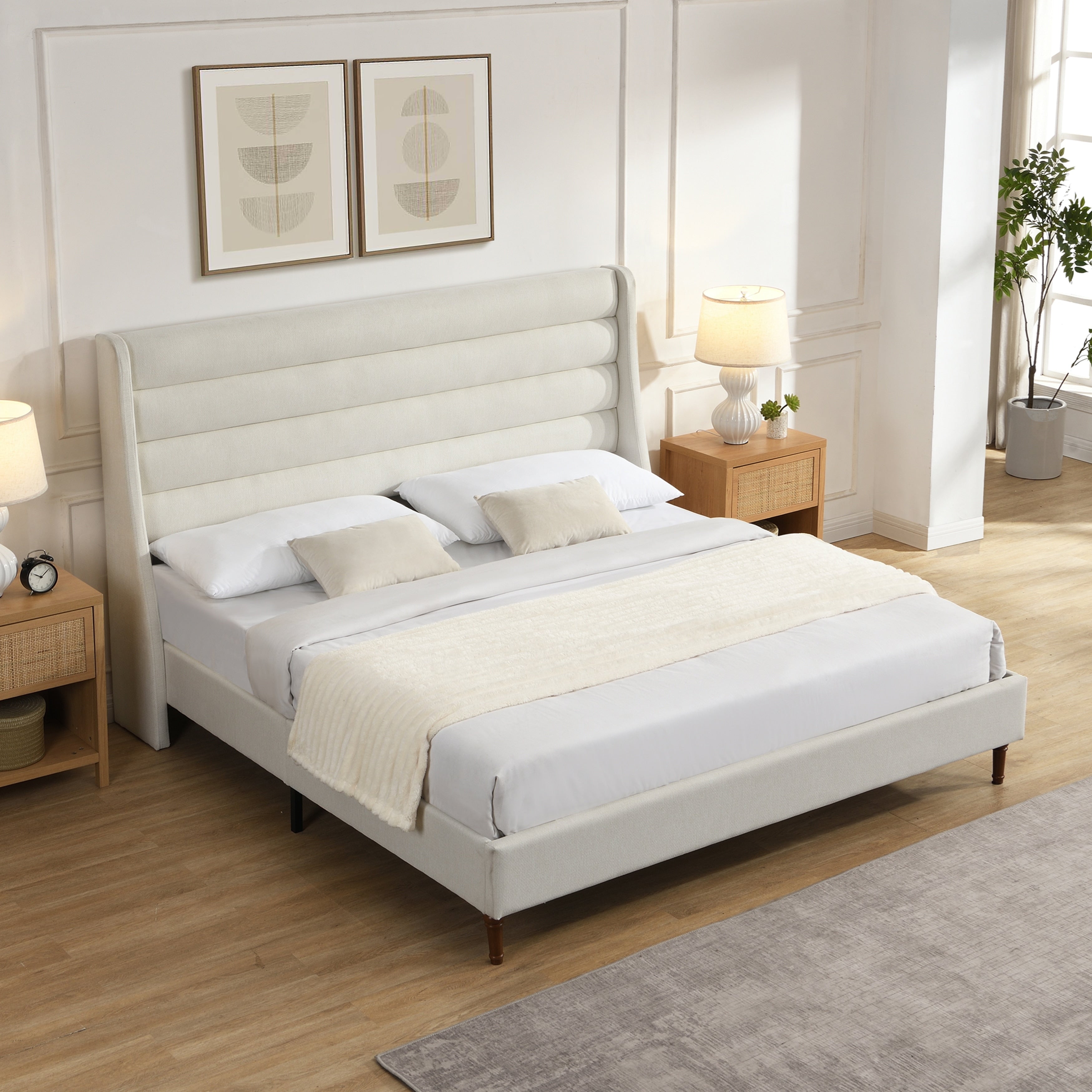 Gdfstudio Theo Platform Bed With 53 Tall Wave Shaped Chenille Headboard No Box Spring