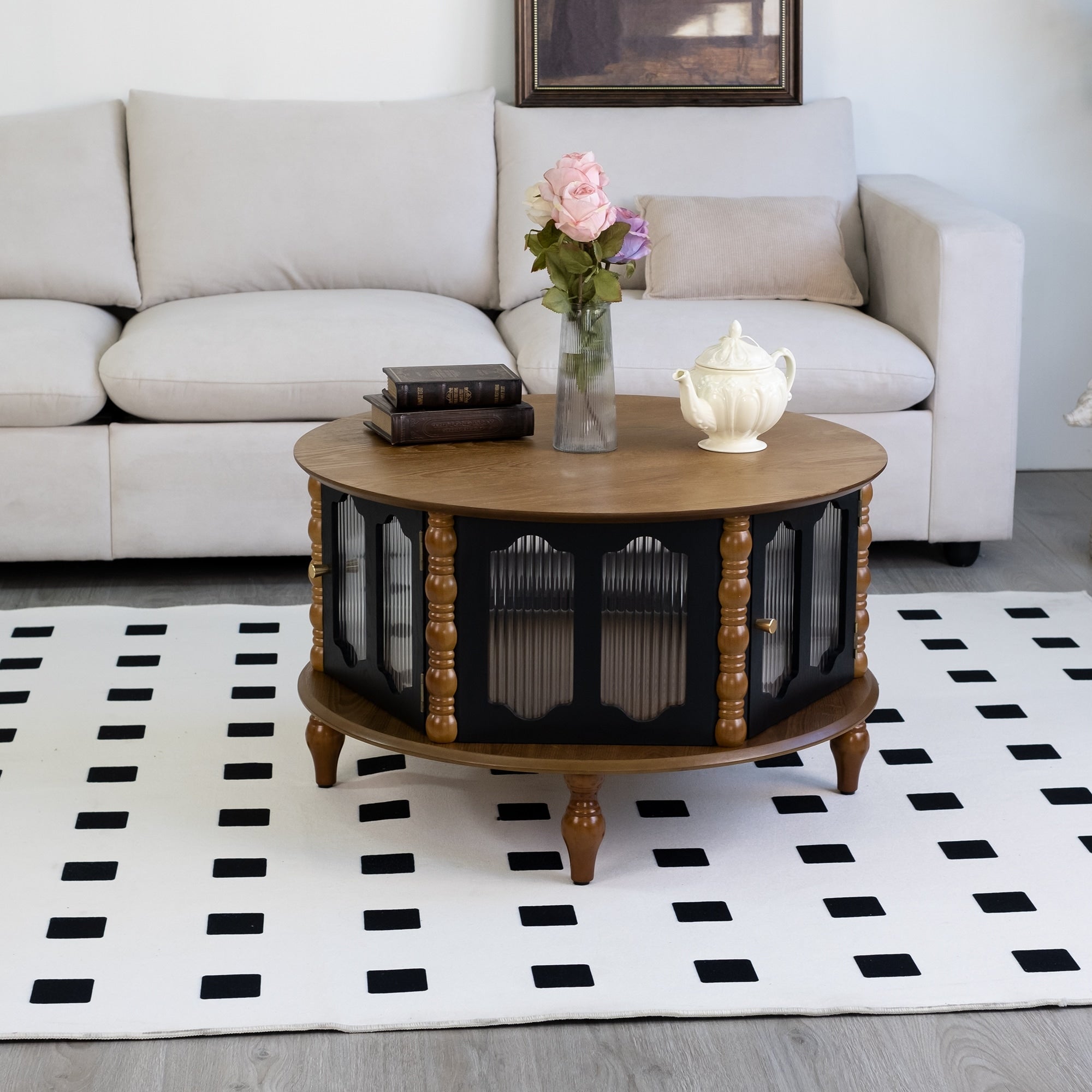 Gdfstudio Theryn Real Wood Veneer Round Coffee Table With Three Door Storage