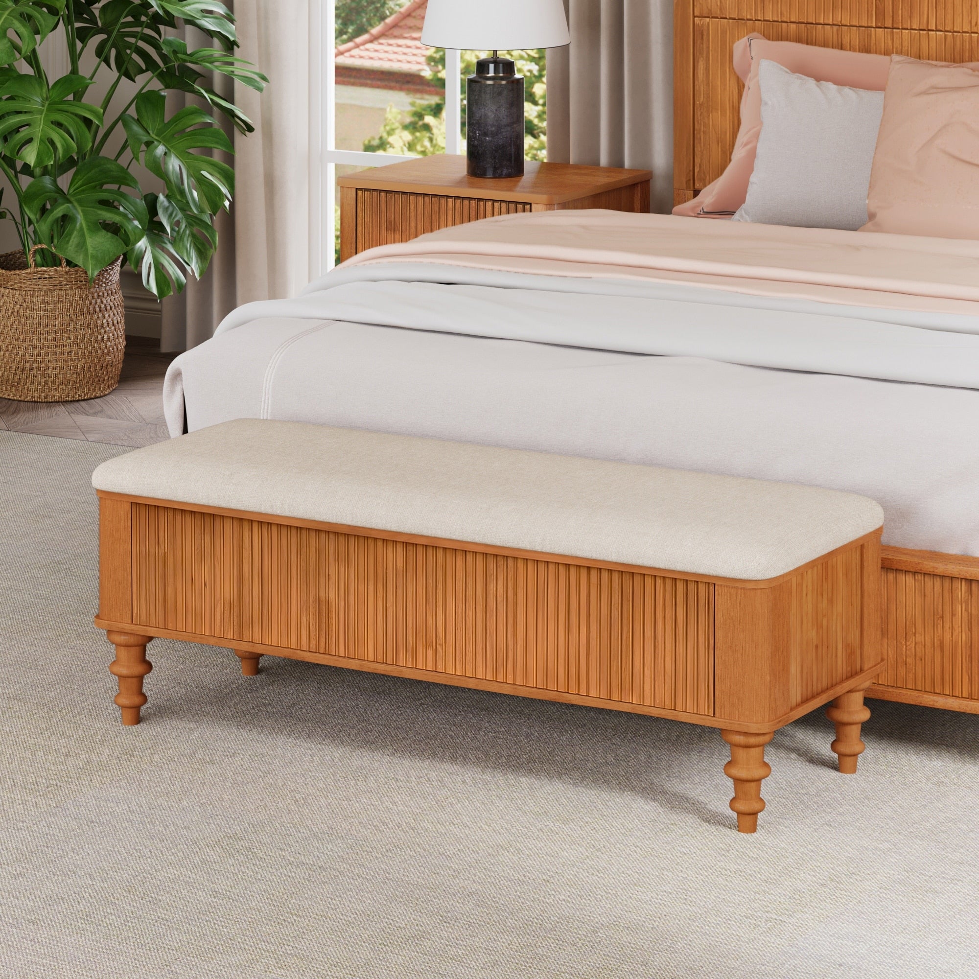 Gdfstudio Vaelorian Solid Rubberwood Storage Ottoman Bench With Linen Seat