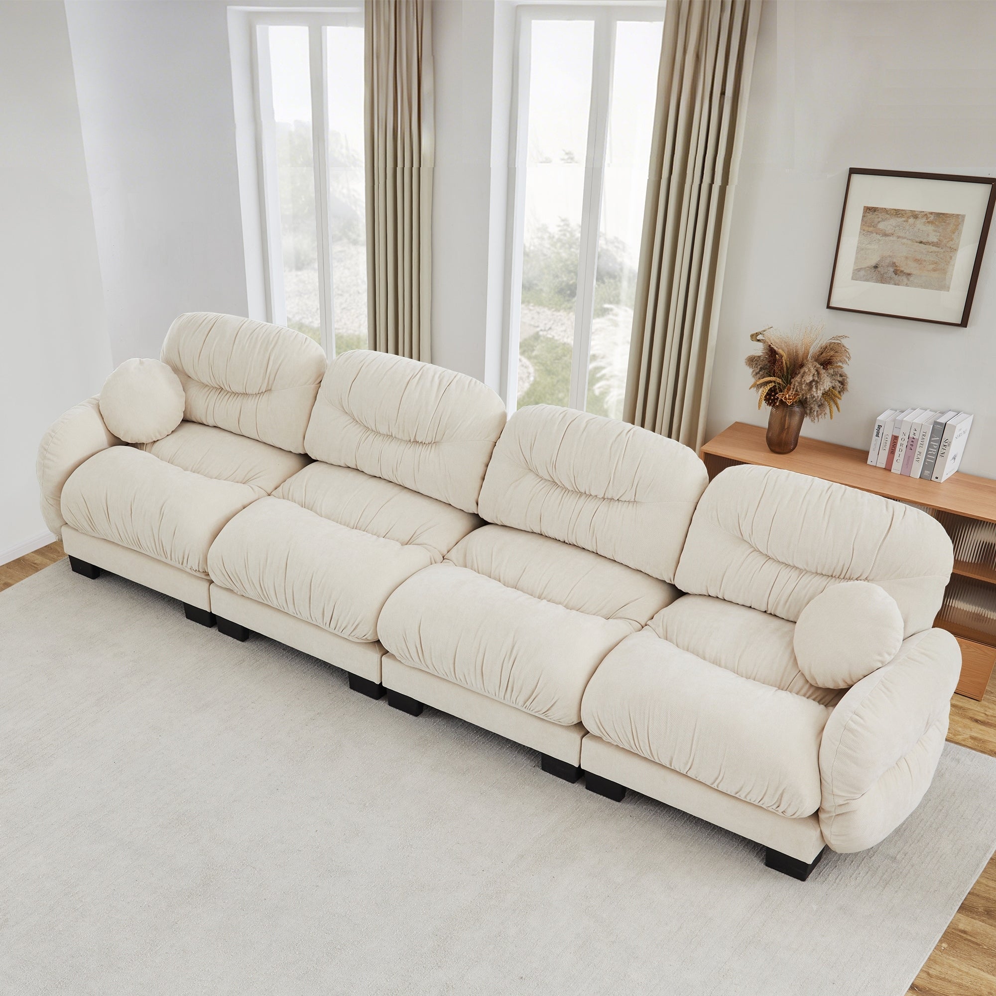 Gdfstudio Vale 4 Seater Chenille Modular Sofa With Pleated Backrest And Curved Round Armrests