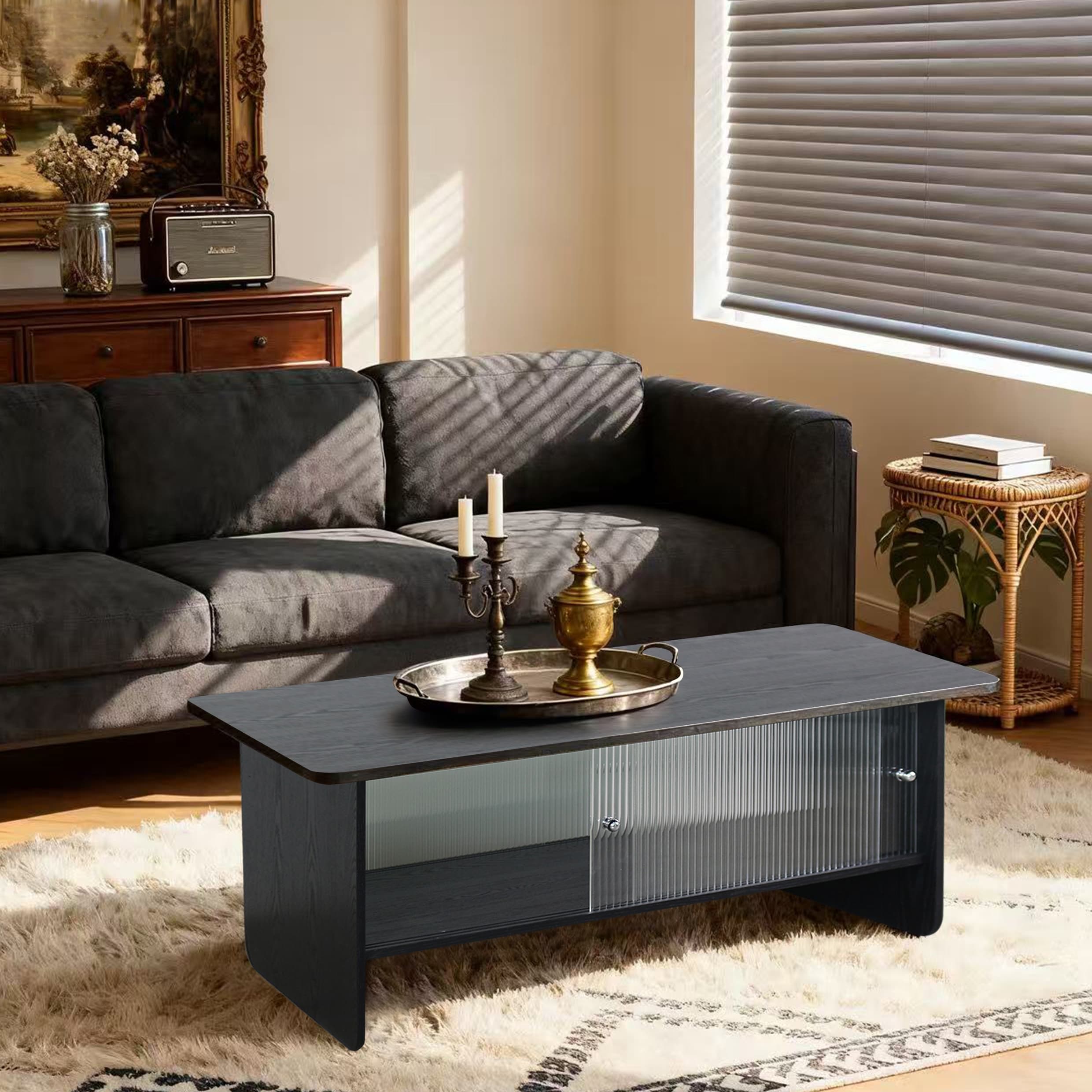 Gdfstudio Velmorian Solid Wood Frame Coffee Table With Fluted Glass Sliding Doors And Storage Center