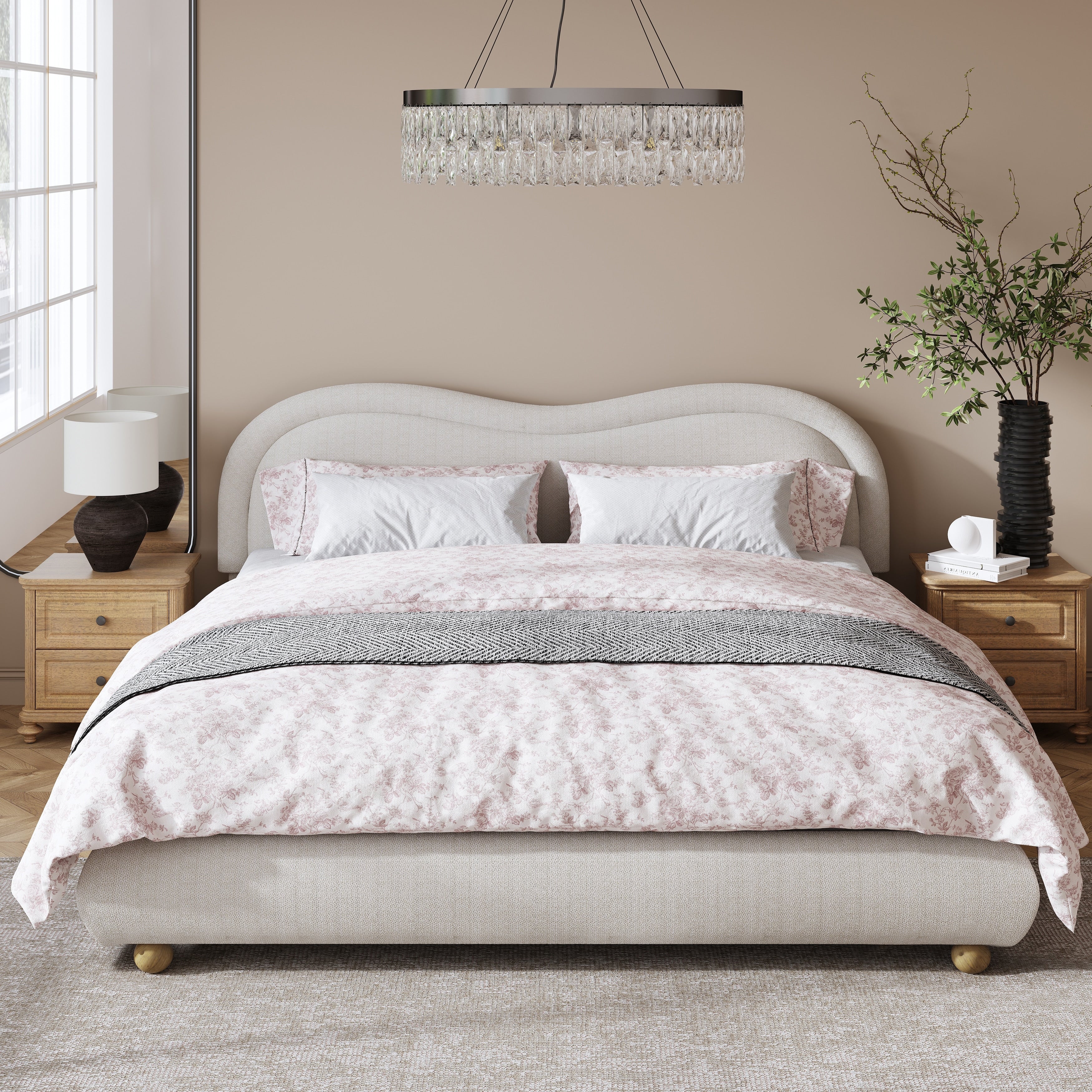 Gdfstudio Wells King Size Upholstered Platform Bed With Curved Chenille Headboard And Oak Wood Legs