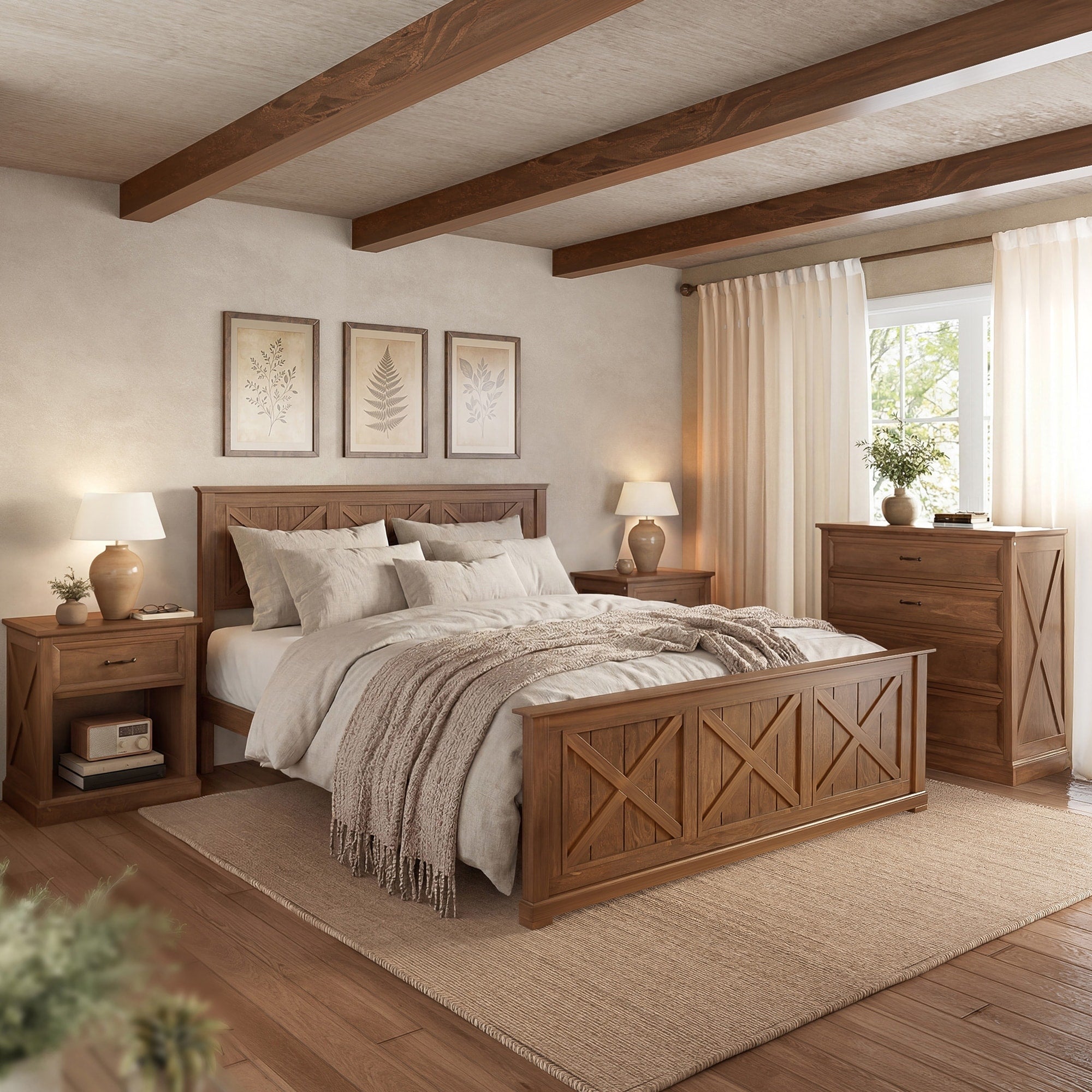 Gdfstudio Wells 4 Piece Farmhouse Queen Bedroom Set With Platform Bed 2 Nightstands And Dresser