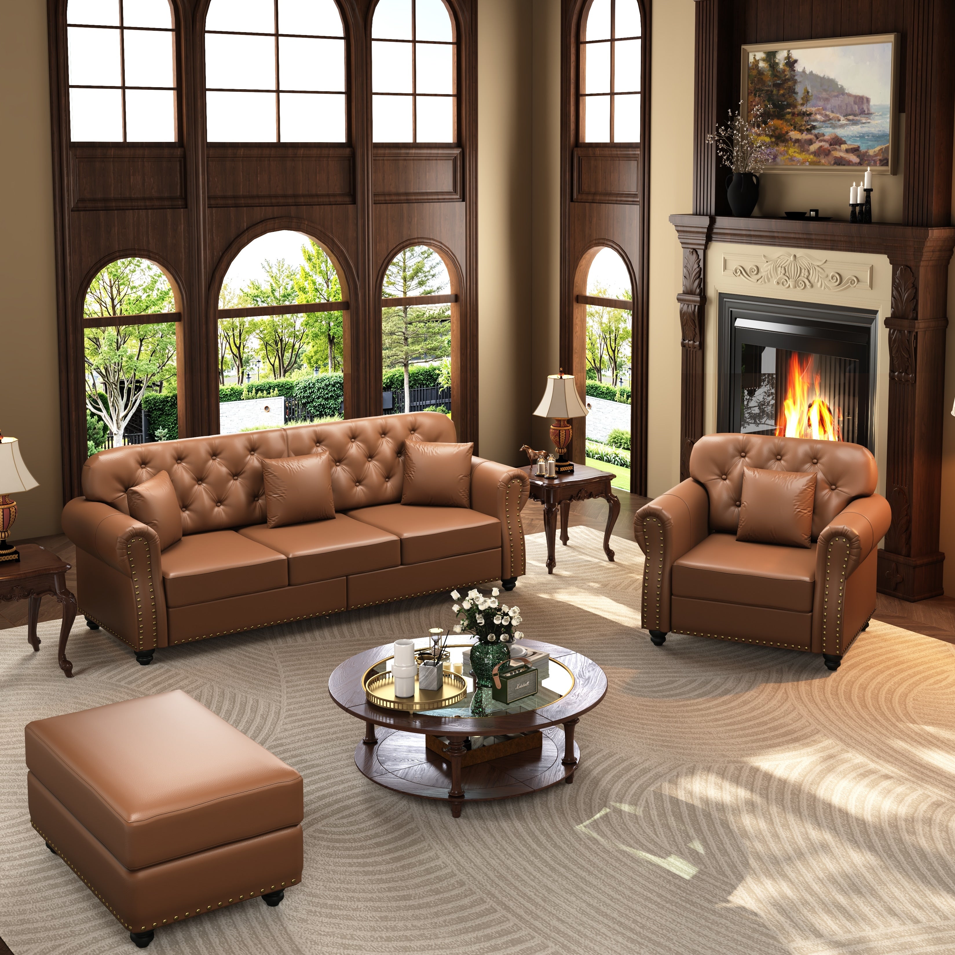 Gdfstudio Willa Hemlock Faux Leather Sofa Set With 1 Seater 3 Seater And Ottoman