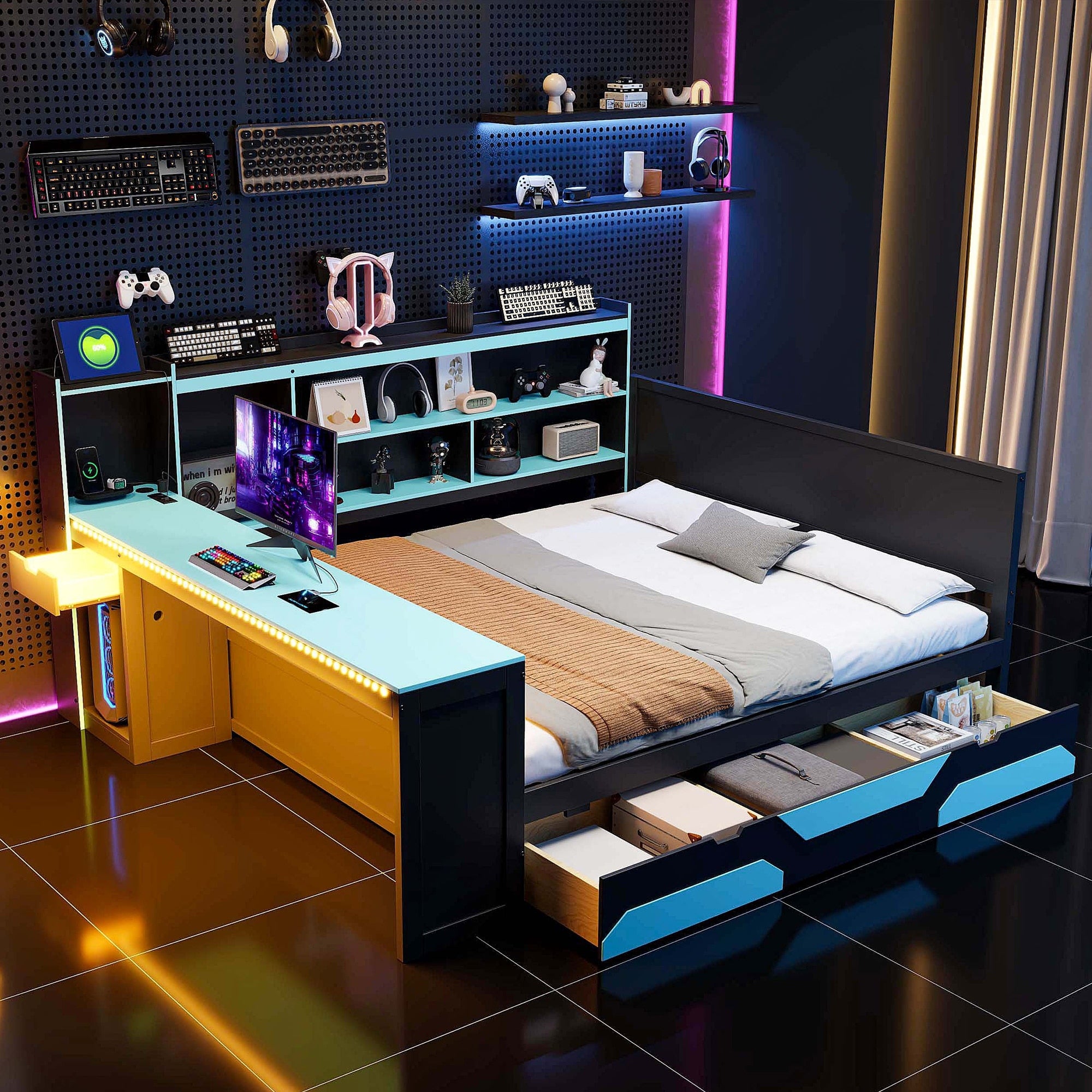 Gdfstudio Zephyr Holloway Queen Size Gaming Daybed With Desk Led Lights 3 Drawers Built In Charging Station