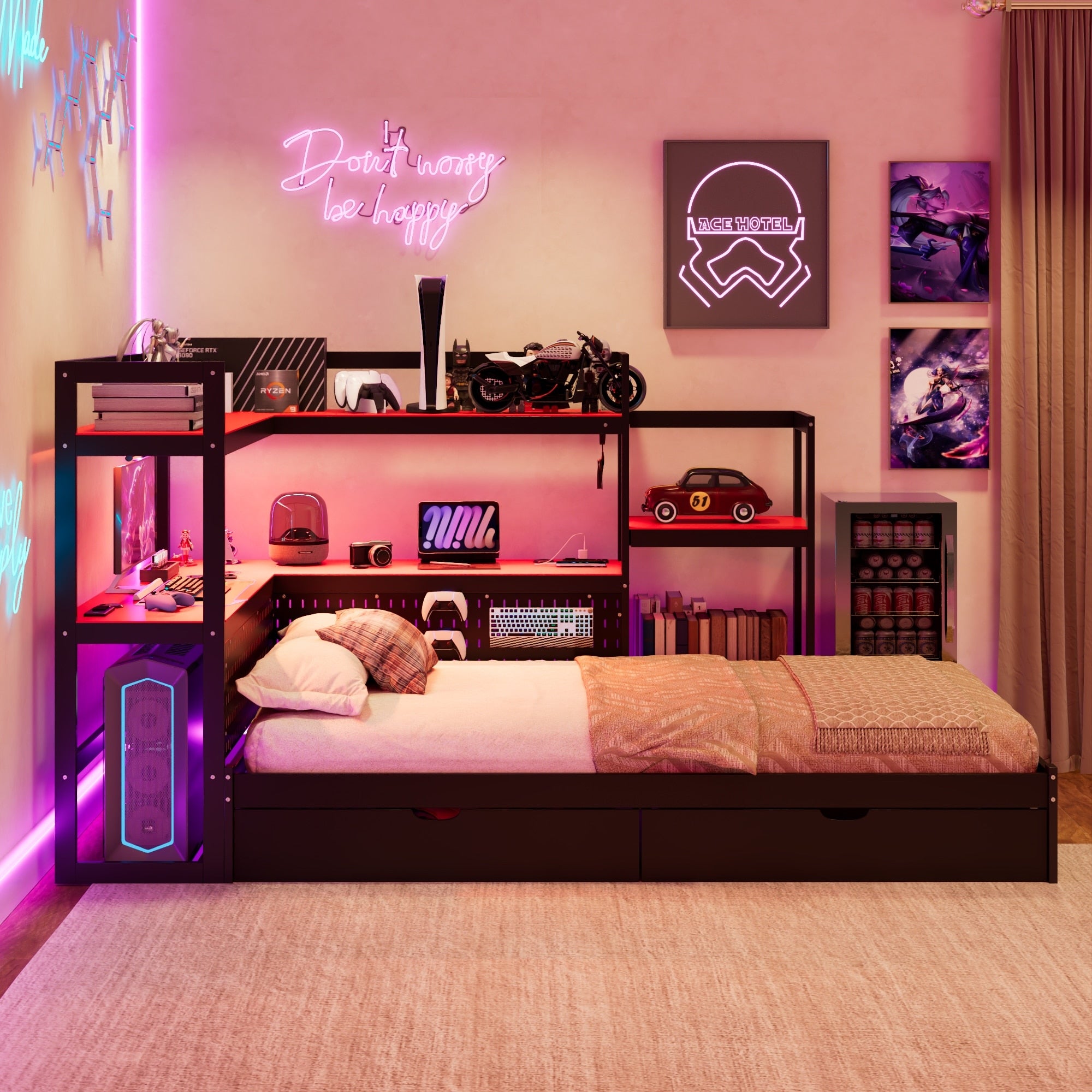 Gdfstudio Zephyr Twin Size Gaming Daybed With Integrated Desk Led Lights 3 Drawers And Charging Station