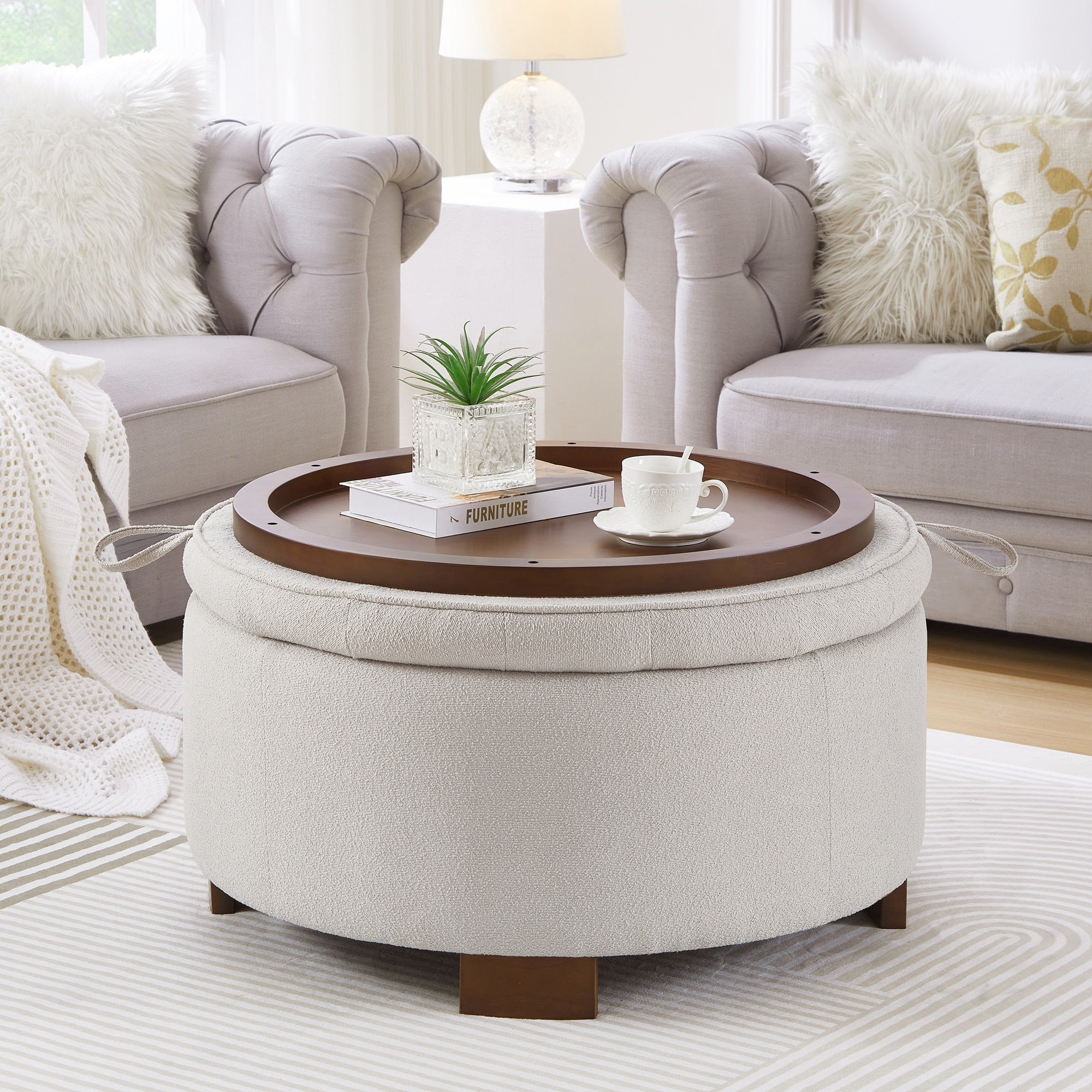 Gdfstudio Zephyrel Boucle Round Storage Ottoman With Reversible Tray Top And Hidden Storage