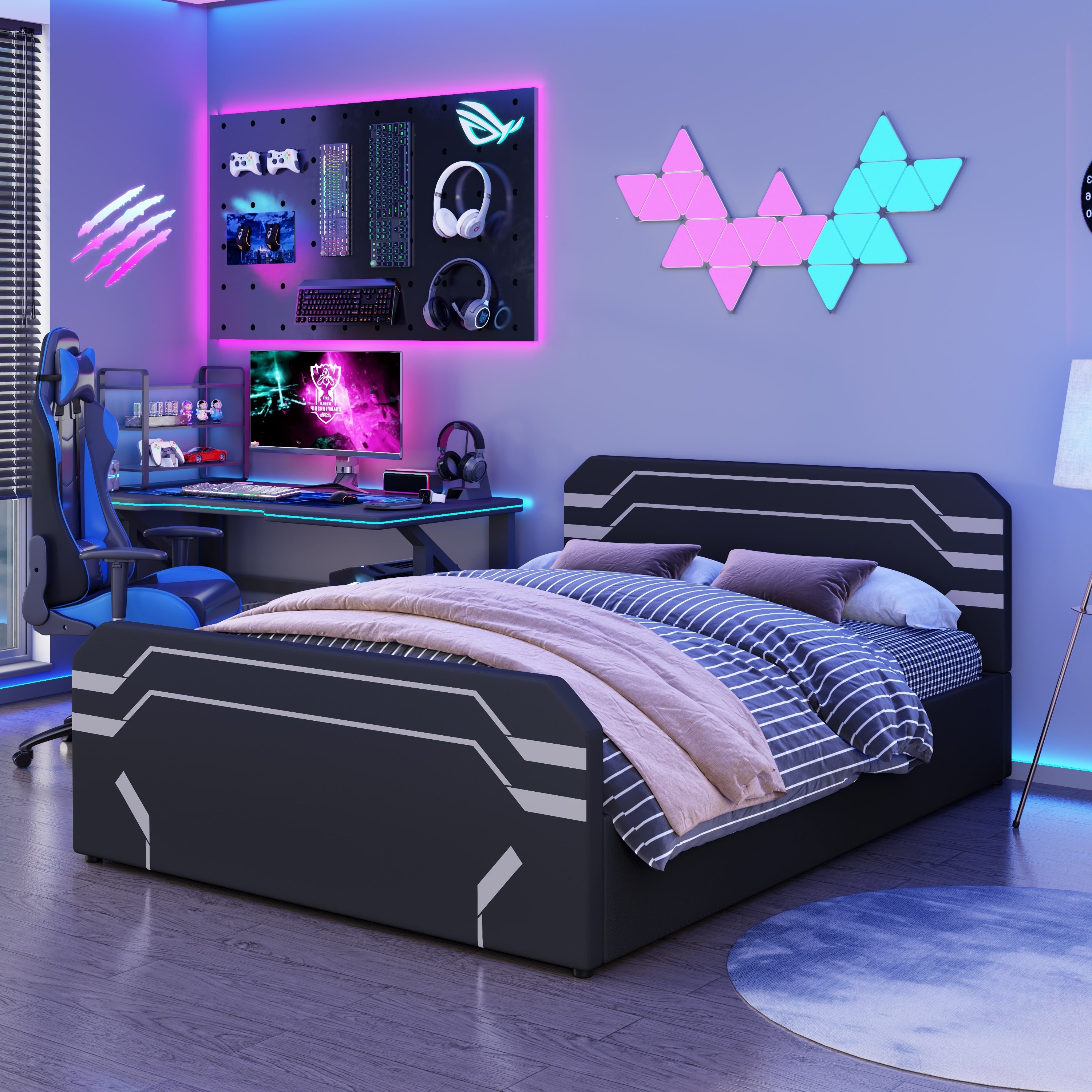 Gdfstudio Zev Queen Size Hydraulic Gaming Bed With Side Lift Storage Cyberpunk Pattern Pu Upholstery