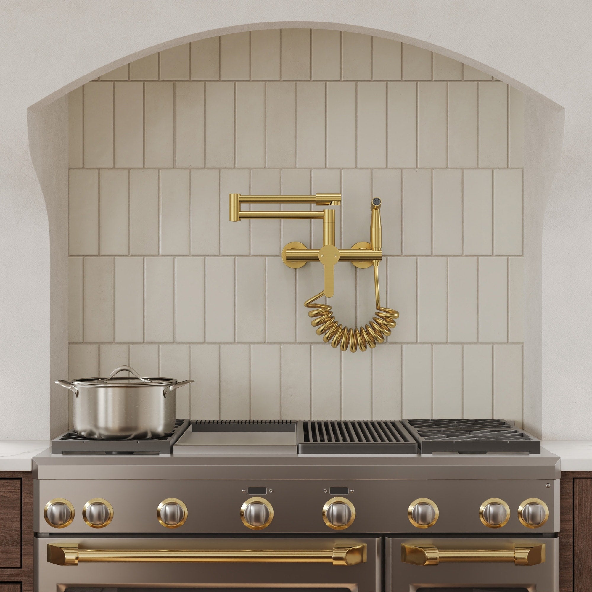 Grandjoy Wall Mount Kitchen Faucet With Integrated Pull Out Sprayer And 180 Degree Foldable Pot Filler