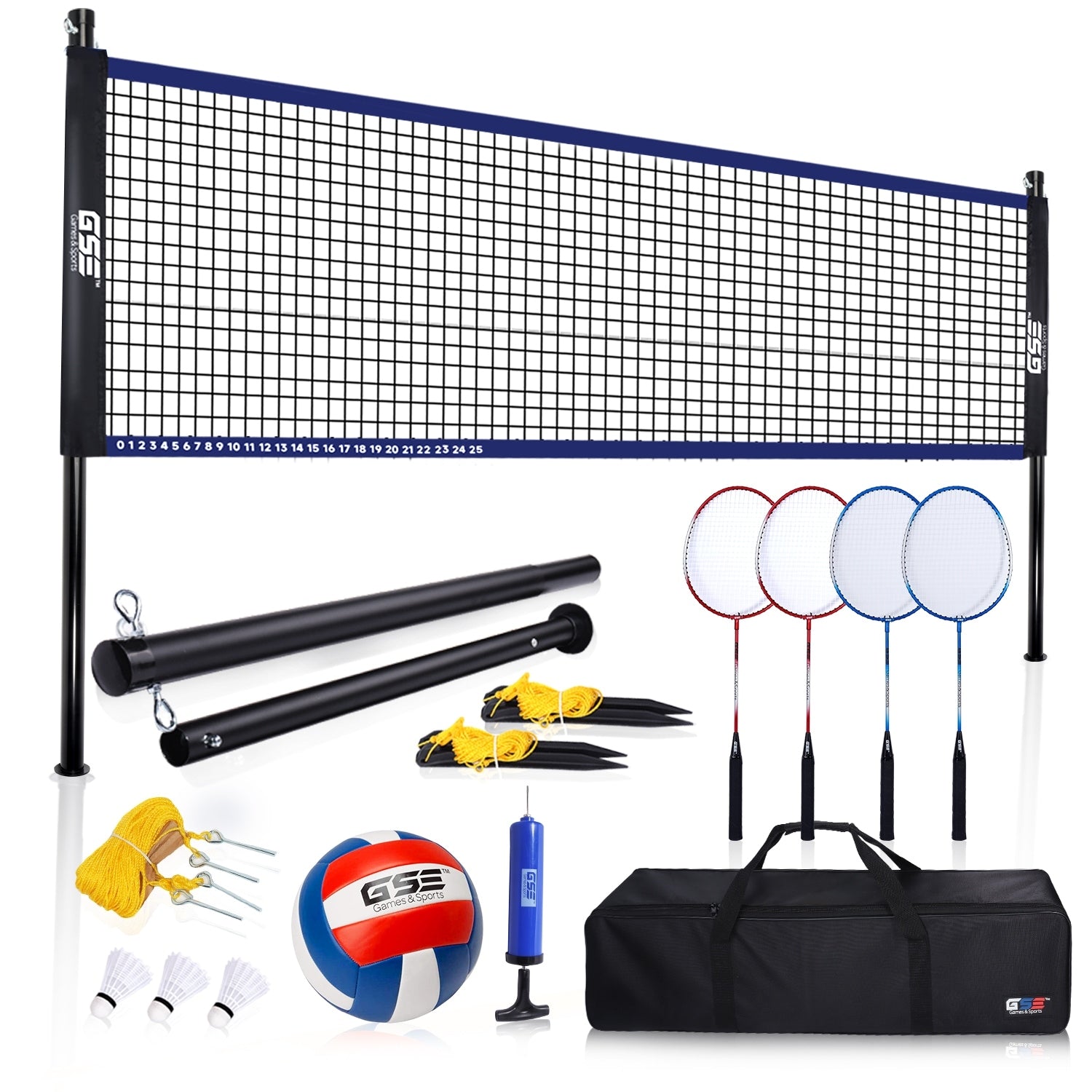 Gse Outdoor Portable Badminton Volleyball Combo Set With Net 4 Rackets 3 Shuttlecocks Volleyball Ball Pump Blue Black