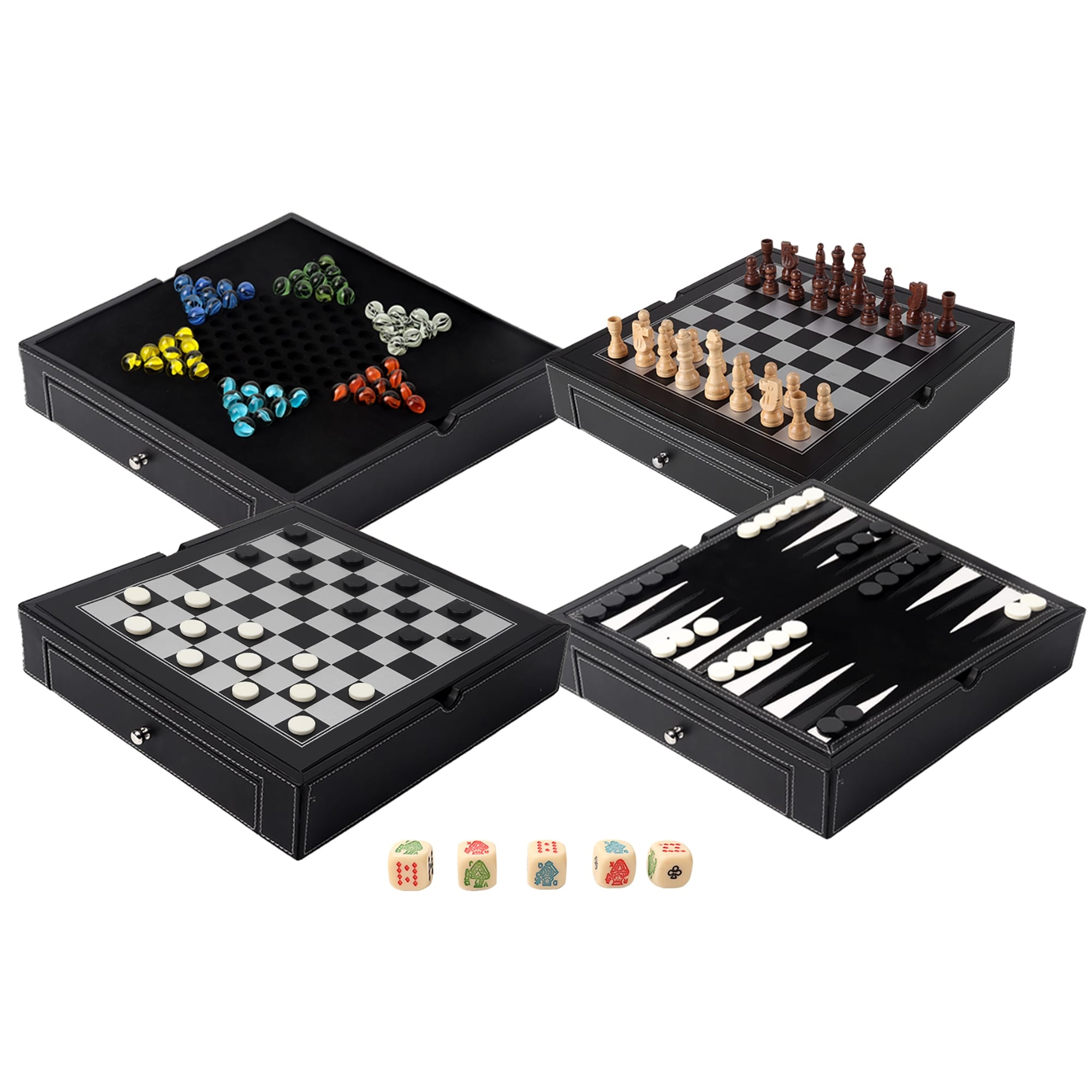 Gse Premium Leather 5 In 1 Chess Checkers Backgammon Chinese Checkers And Poker Dice Game Combo Set