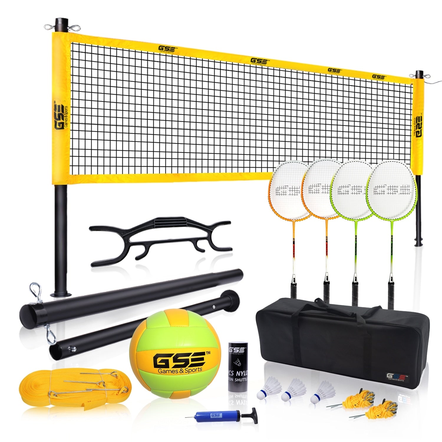 Gse Professional Outdoor Portable Badminton Volleyball Combo Set With Net 4 Rackets 3 Shuttlecocks Volleyball Ball Pump