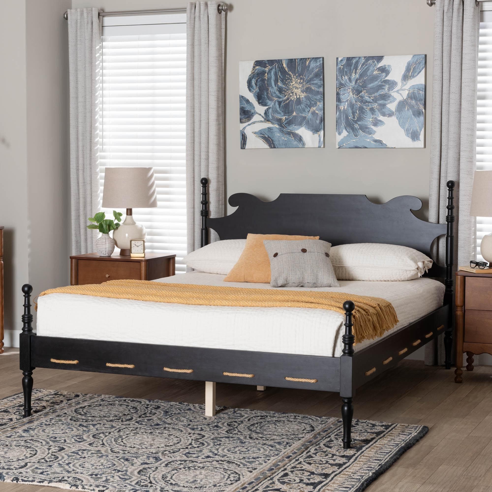 Gaetano Platform Bed Four Poster Bed Frame With Turned Posts And Panel Headboard For Bedroom Black Queen