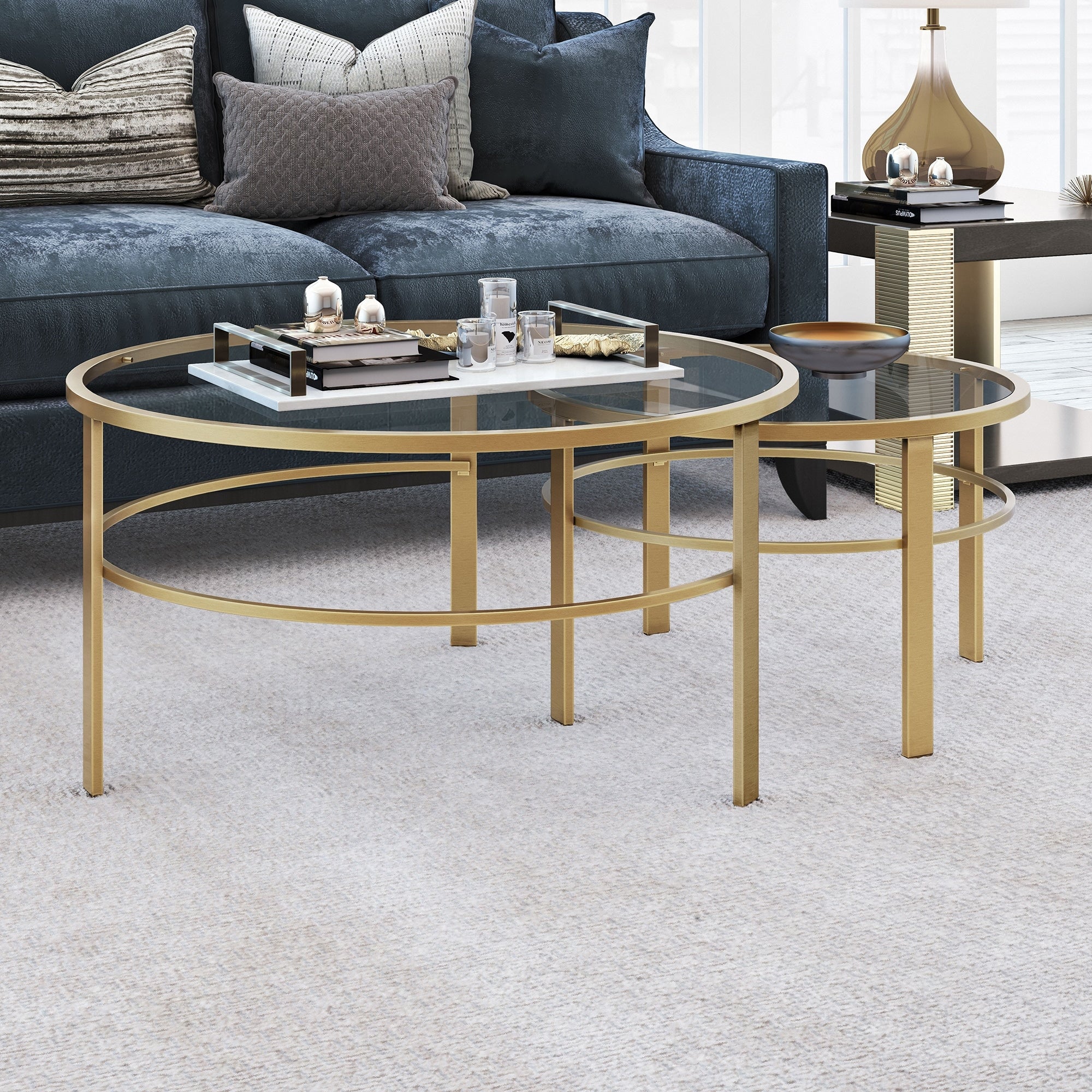 Gaia Round Metal Tempered Glass Nesting Coffee Tables 2 Pc Set Optional Finishes