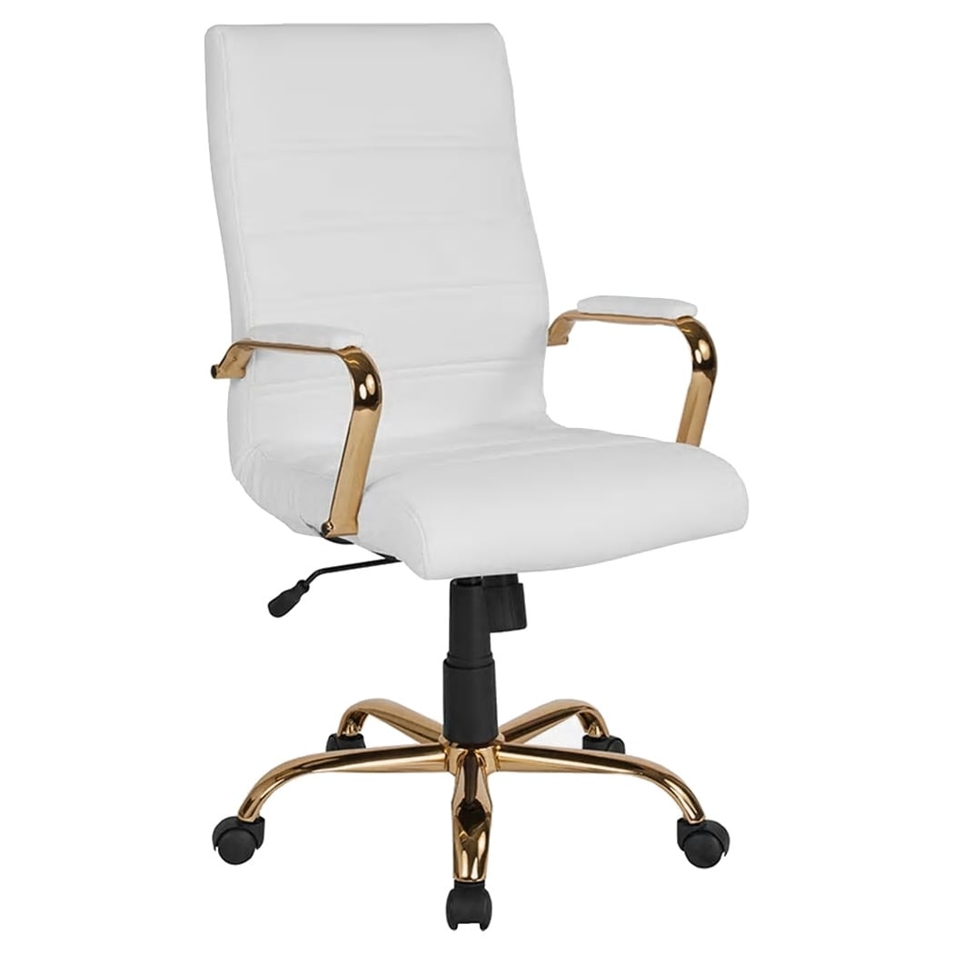 Galaxy High Back Horizontal Stitching White Leather Executive Adjustable Swivel Office Chair With Gold Frame