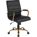 Galaxy Mid Back Horizontal Stitching Black Leather Executive Adjustable Swivel Office Chair With Gold Frame
