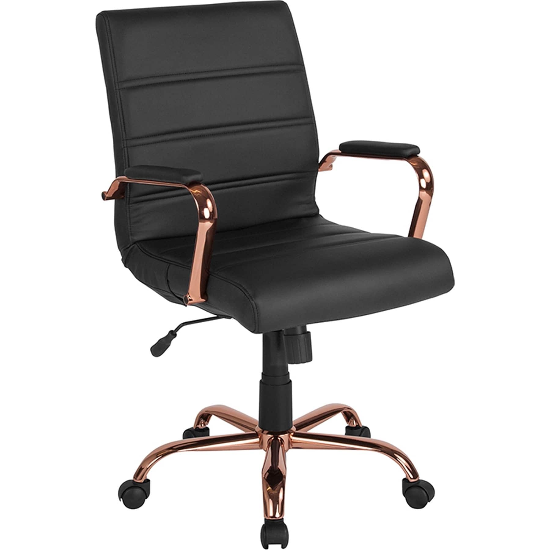 Galaxy Mid Back Horizontal Stitching Black Leather Executive Adjustable Swivel Office Chair With Rose Gold Frame